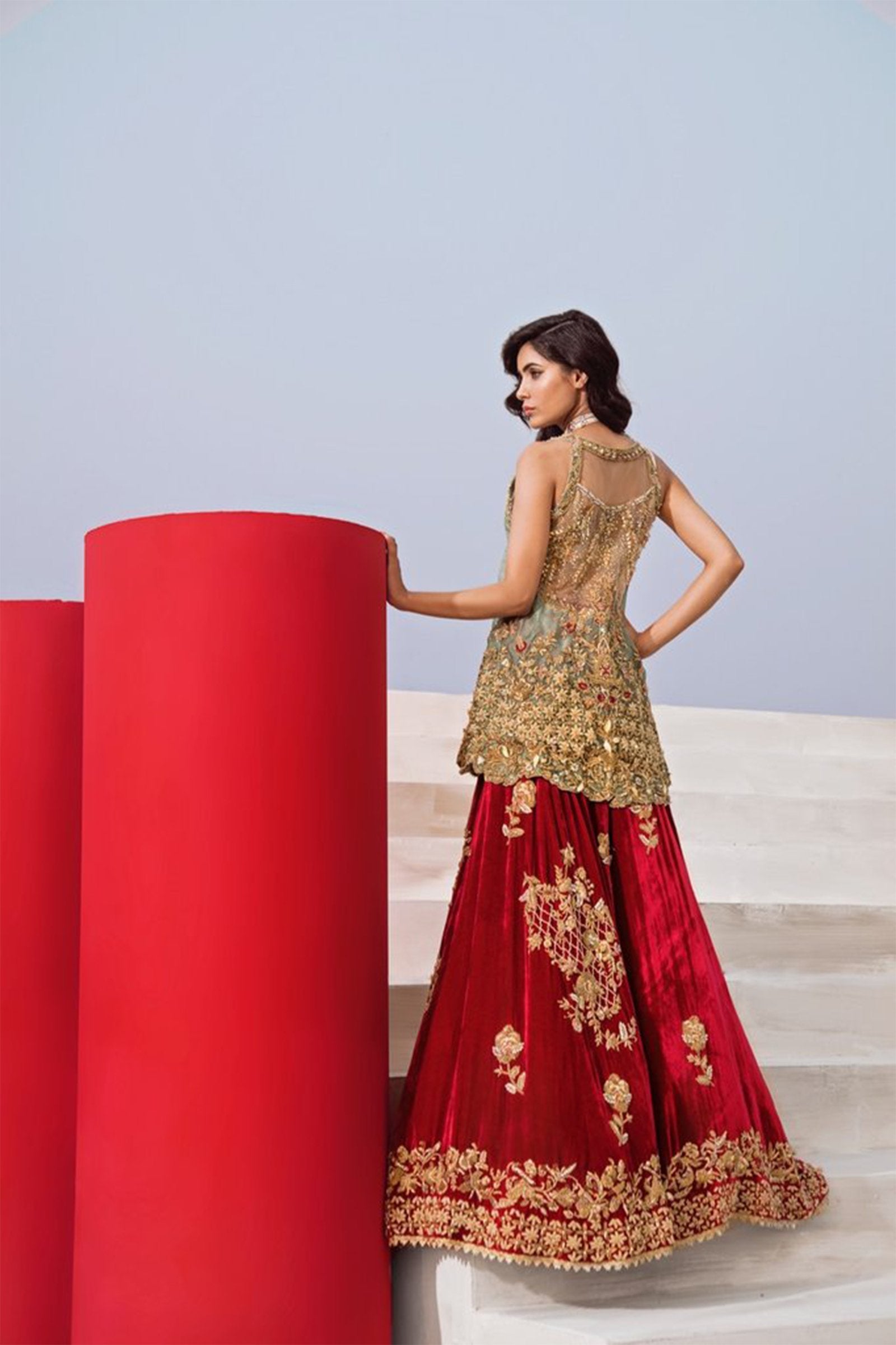 Pakistani Mint Zardozi Organza Peplum with Scarlet Velvet Gharara (3-Piece) - Image 4