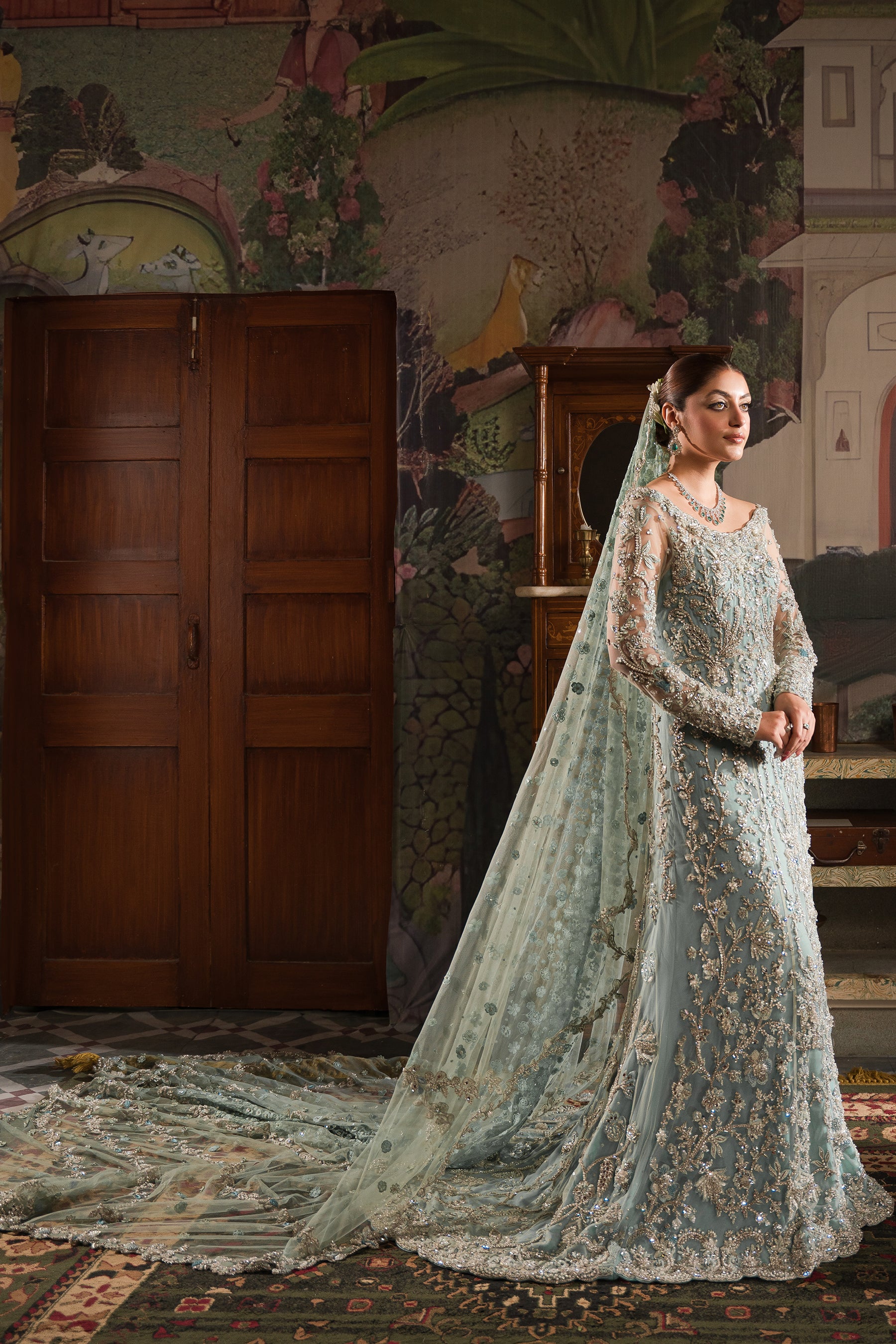 Pakistani Mint and Soft Blue Embroidered Net Bridal Gown (2-Piece) - Image 2