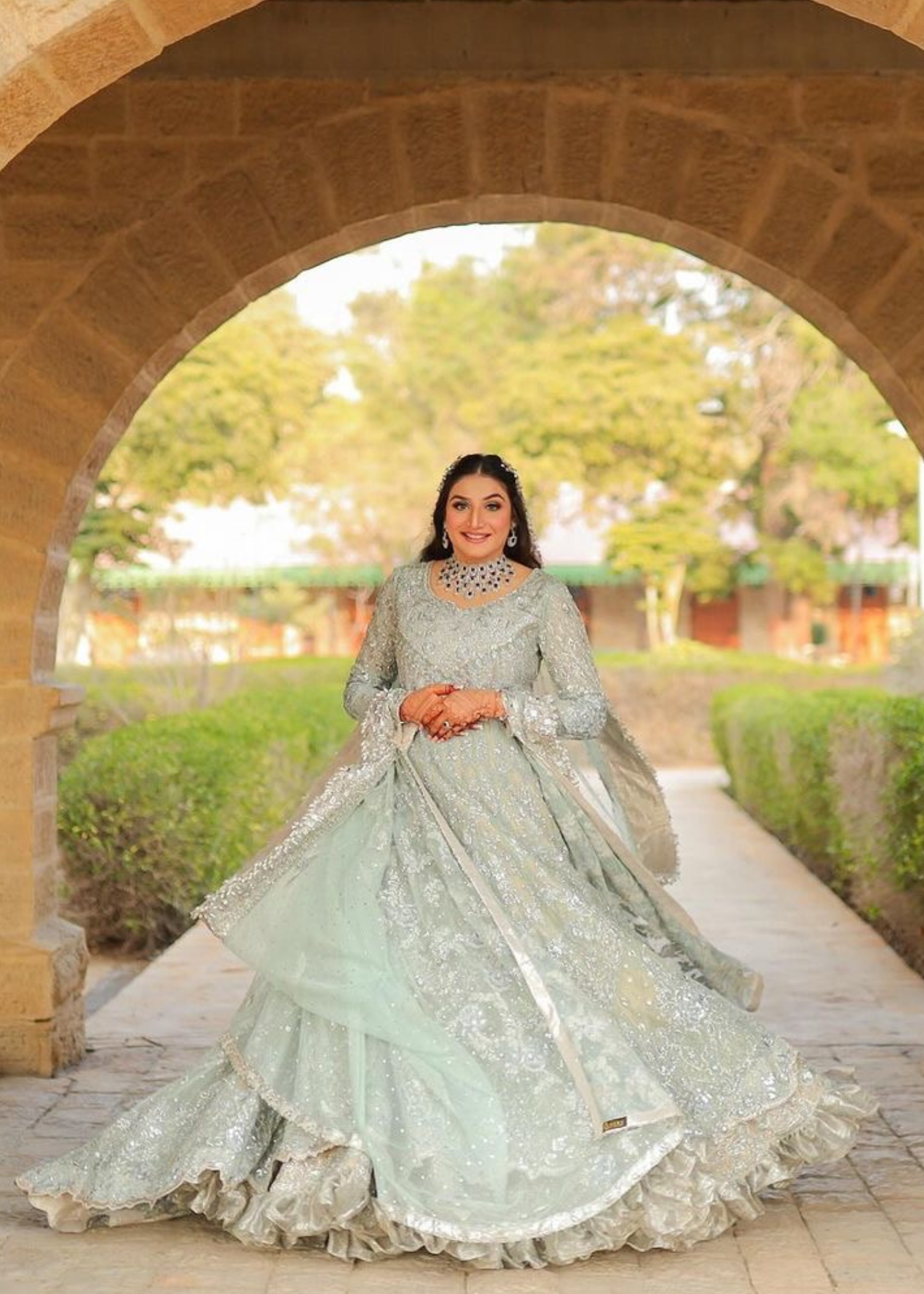 Pakistani Pale Mint Embellished Net Silk Bridal Gown (2-Piece) - Image 1