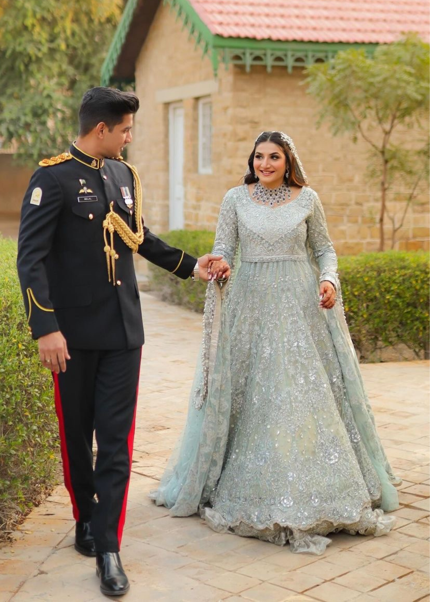 Pakistani Pale Mint Embellished Net Silk Bridal Gown (2-Piece) - Image 3