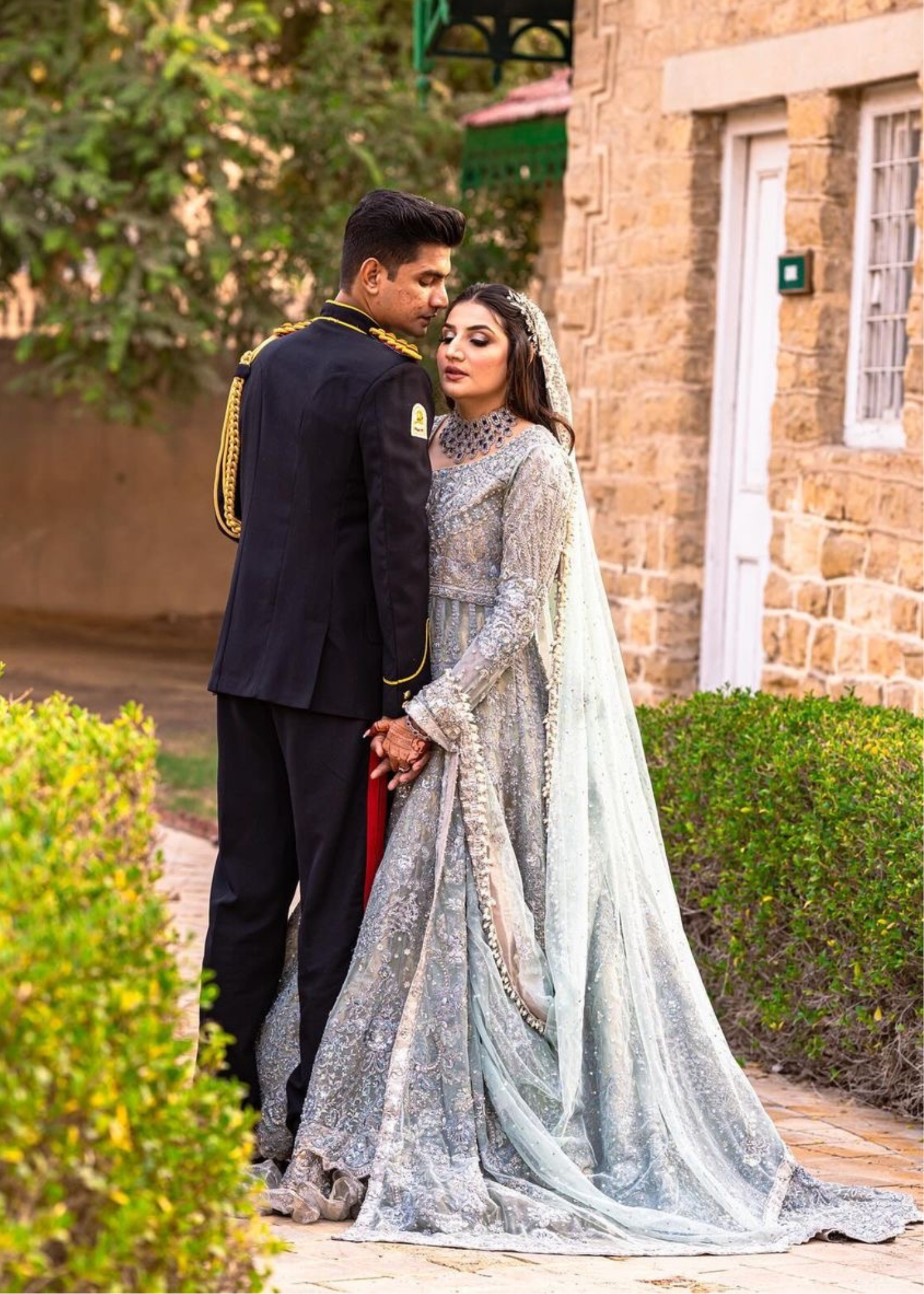 Pakistani Pale Mint Embellished Net Silk Bridal Gown (2-Piece) - Image 5