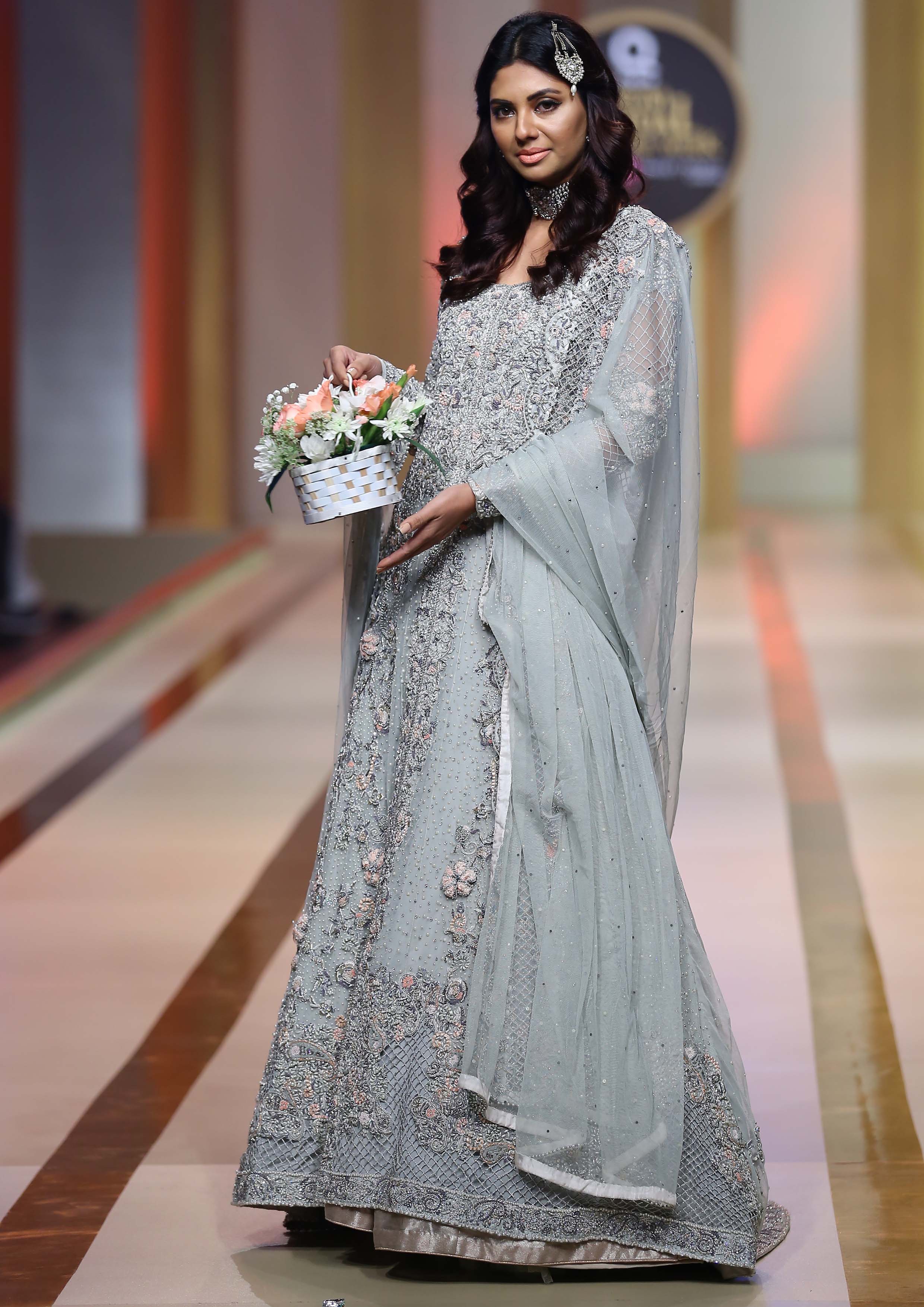 Pakistani Pale Mint Embellished Pure Net Bridal Gown (2-Piece) - Image 2