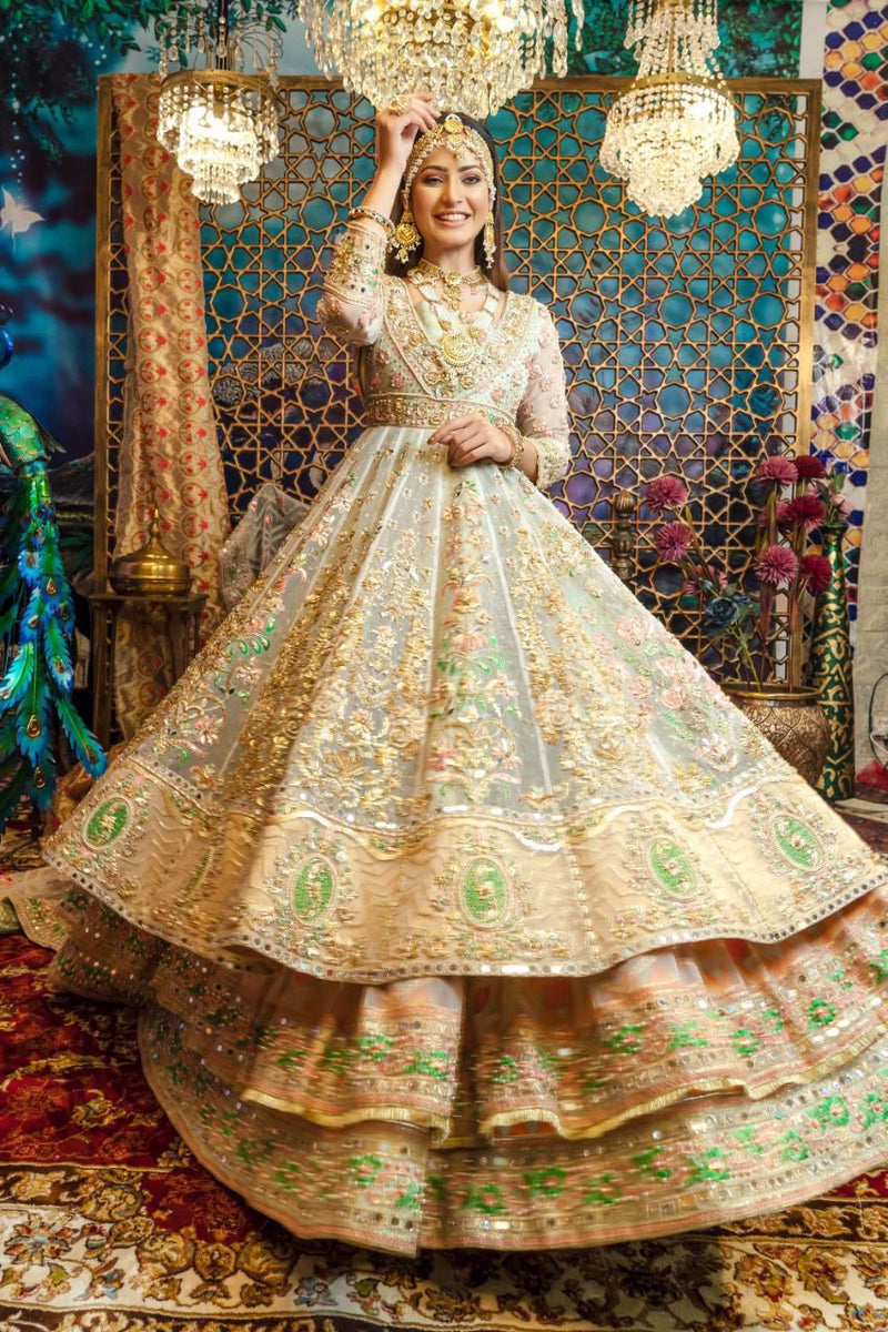 Pakistani Pastel Mint Gold Embroidered Bridal Lehenga Gown (1-Pc) - Image 1