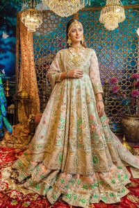 Pakistani Pastel Mint Gold Embroidered Bridal Lehenga Gown (1-Pc) - Image 3