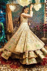 Pakistani Pastel Mint Gold Embroidered Bridal Lehenga Gown (1-Pc) - Image 5