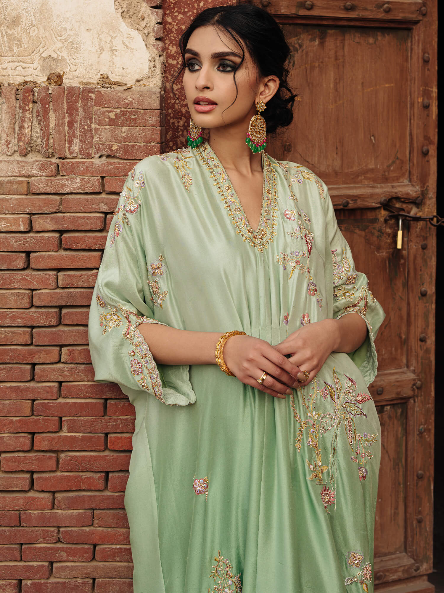 Pakistani Ombre Mint Aqua Zardozi Raw Silk Kaftan (1-Pc) - Image 2