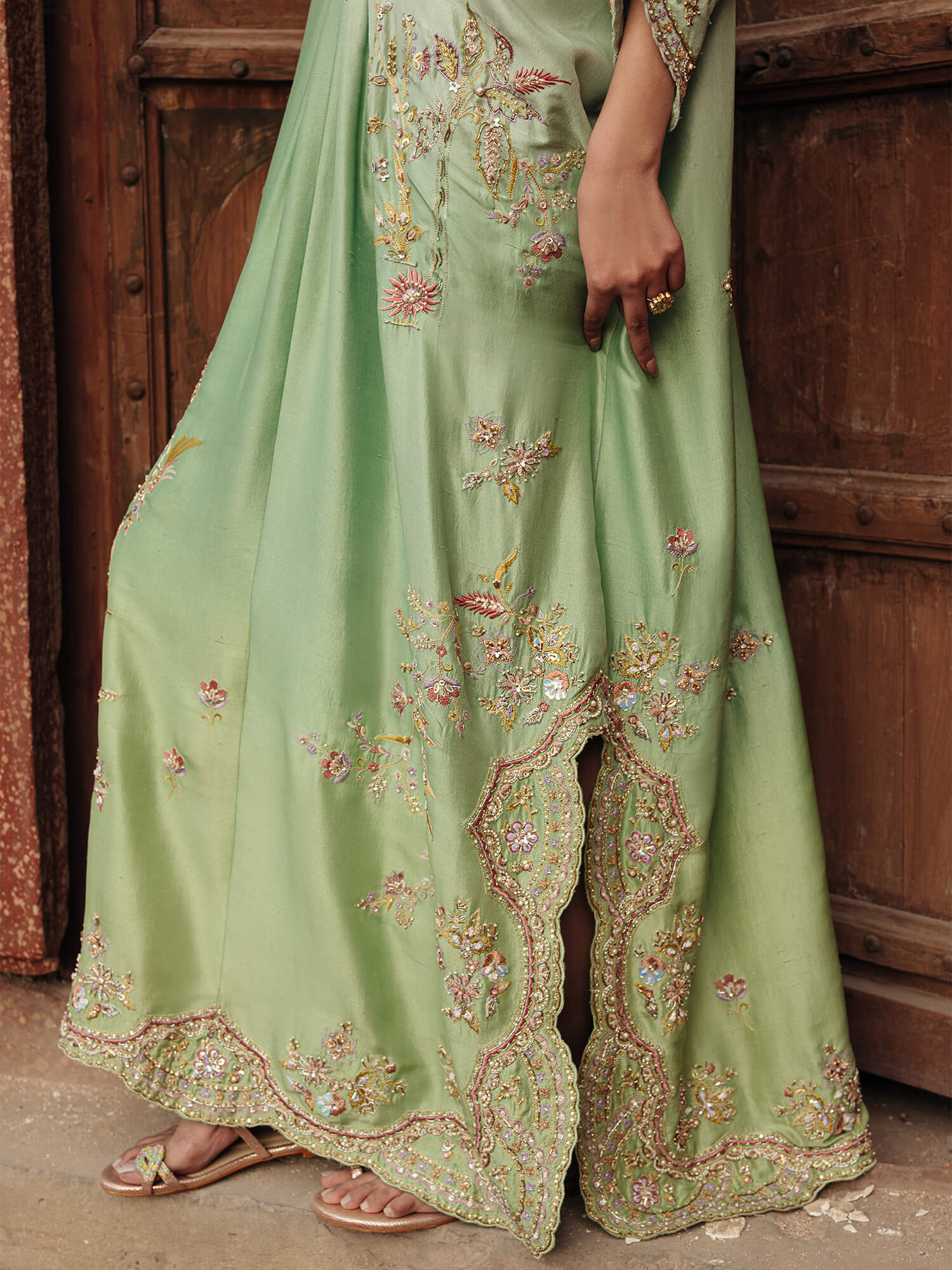 Pakistani Ombre Mint Aqua Zardozi Raw Silk Kaftan (1-Pc) - Image 3