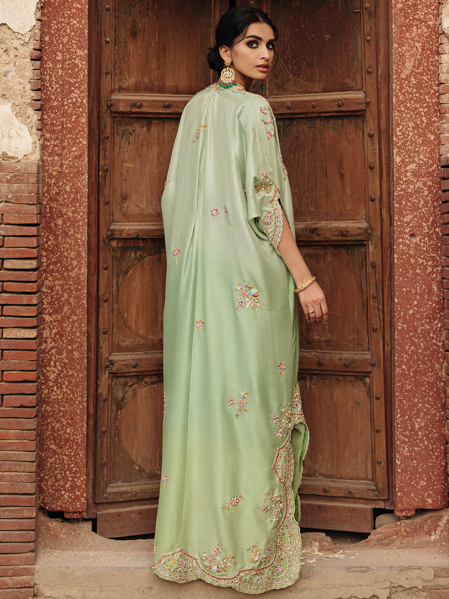Pakistani Ombre Mint Aqua Zardozi Raw Silk Kaftan (1-Pc) - Image 4