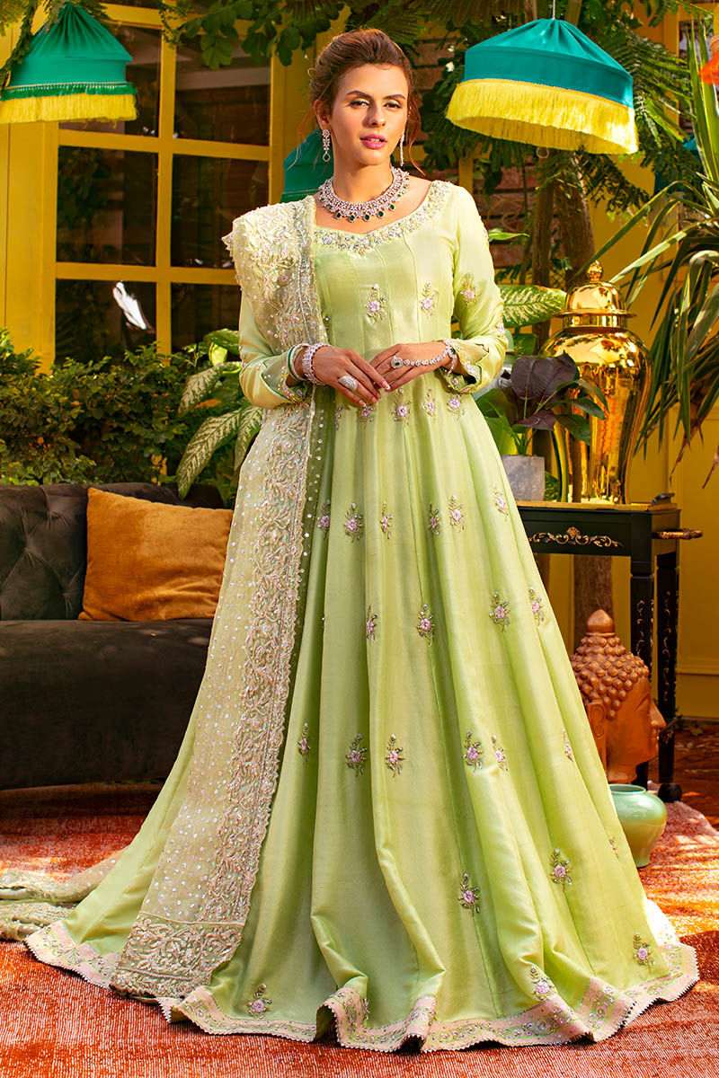 Soft Mint Block-Printed Raw Silk Kalidar (3-Piece) - Image 1