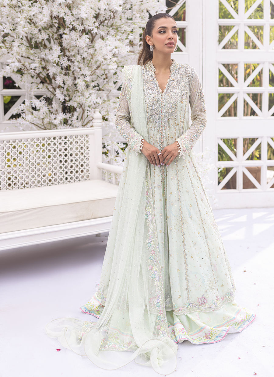 Pakistani Pale Mint Hand-Embellished Tulle Kalidaar (2-Piece) - Image 3