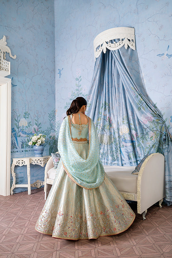 Pakistani Mint and Ivory Embellished Jamavar Lehenga Choli (3-Piece) - Image 5