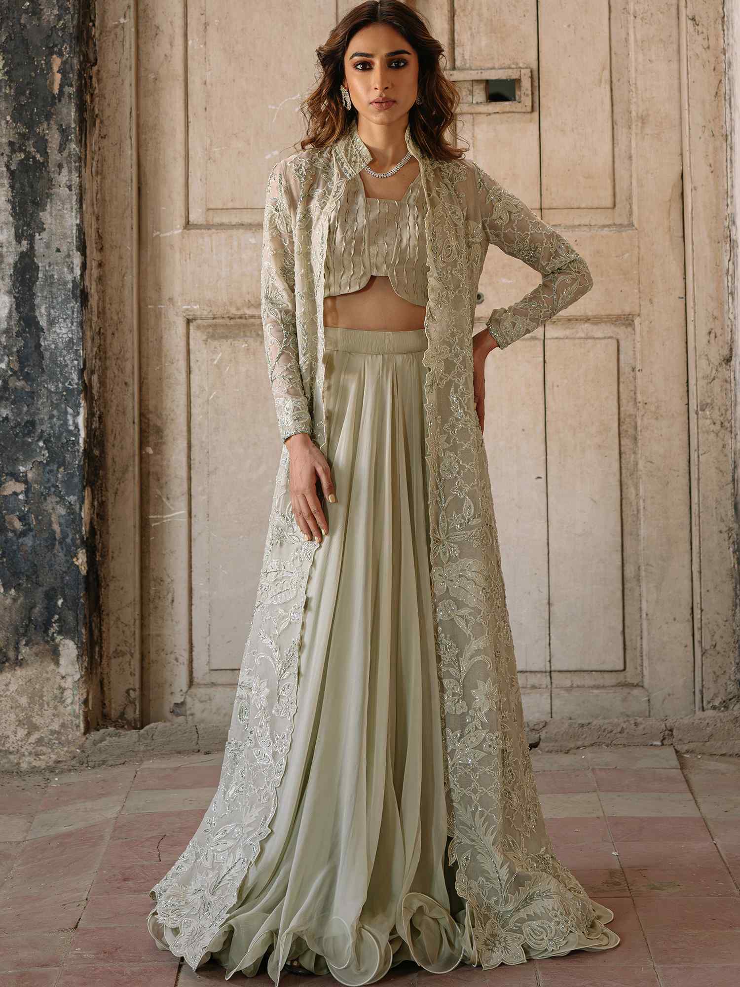 Pakistani Pale Mint Embroidered Organza & Silk Lehenga (3-Piece) - Image 1