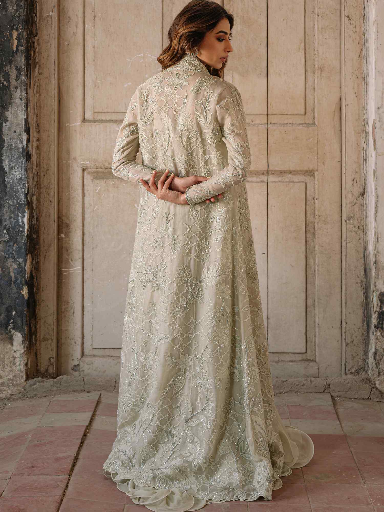 Pakistani Pale Mint Embroidered Organza & Silk Lehenga (3-Piece) - Image 3