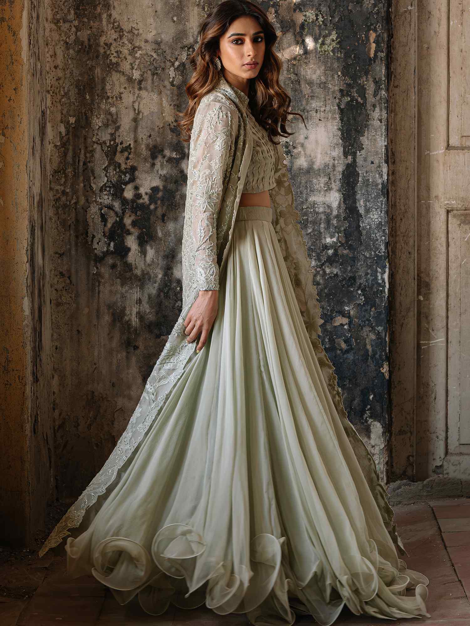 Pakistani Pale Mint Embroidered Organza & Silk Lehenga (3-Piece) - Image 4