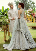 Mint Silver Embroidered Net Tissue Organza Bridal Lehenga (3-Piece) - Image 4