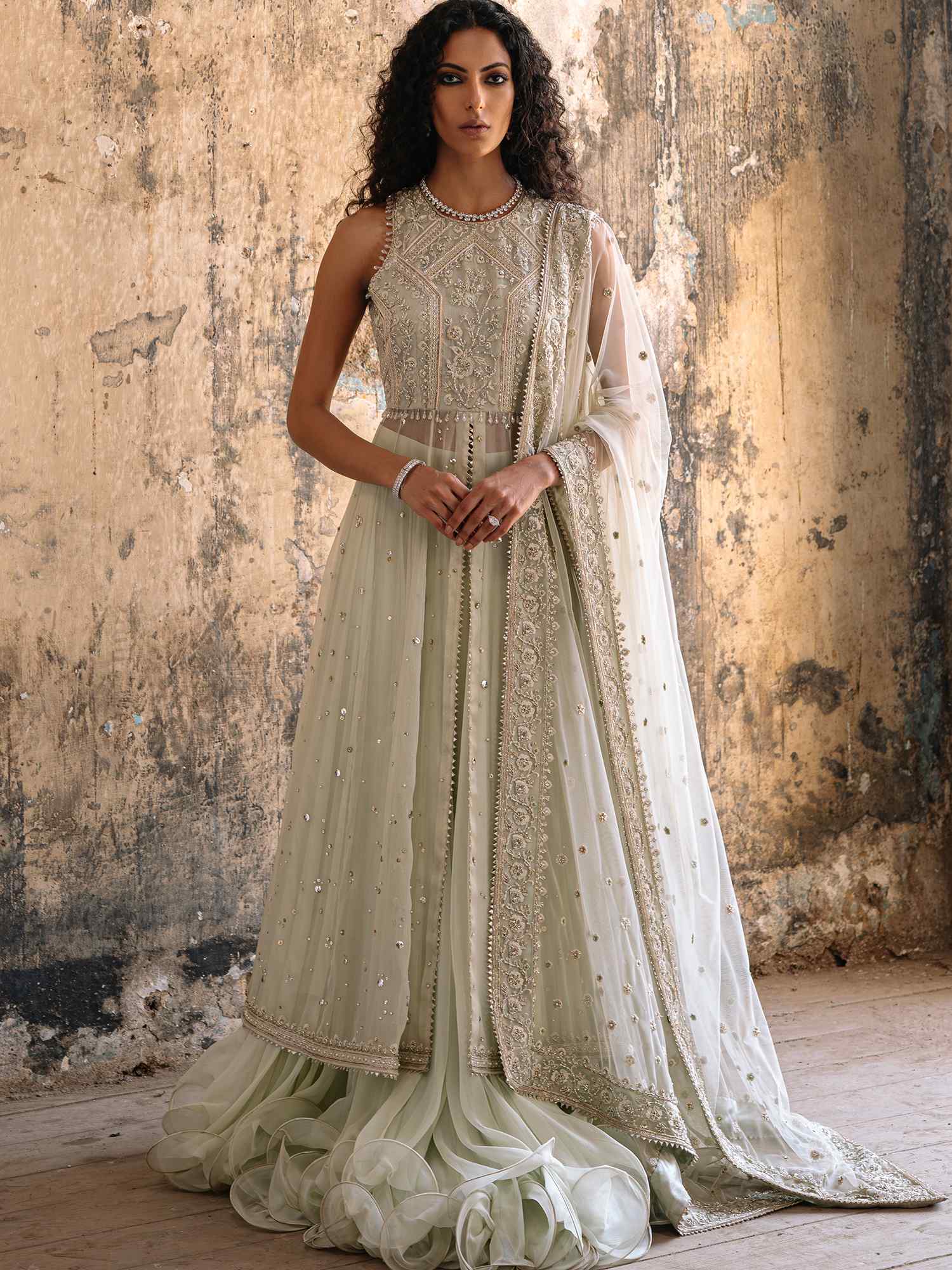 Pakistani Hint of Mint Zardozi Organza Lehenga (3-Piece) - Image 1