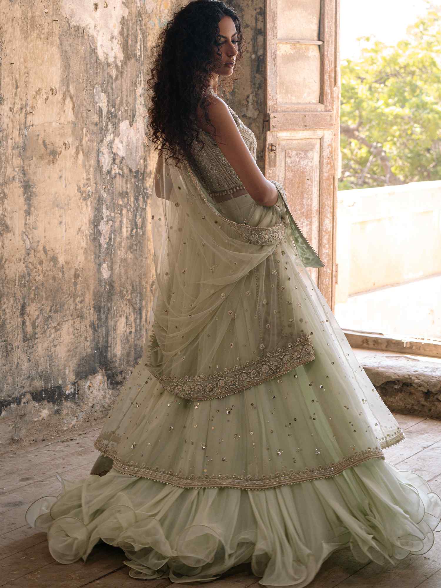 Pakistani Hint of Mint Zardozi Organza Lehenga (3-Piece) - Image 5