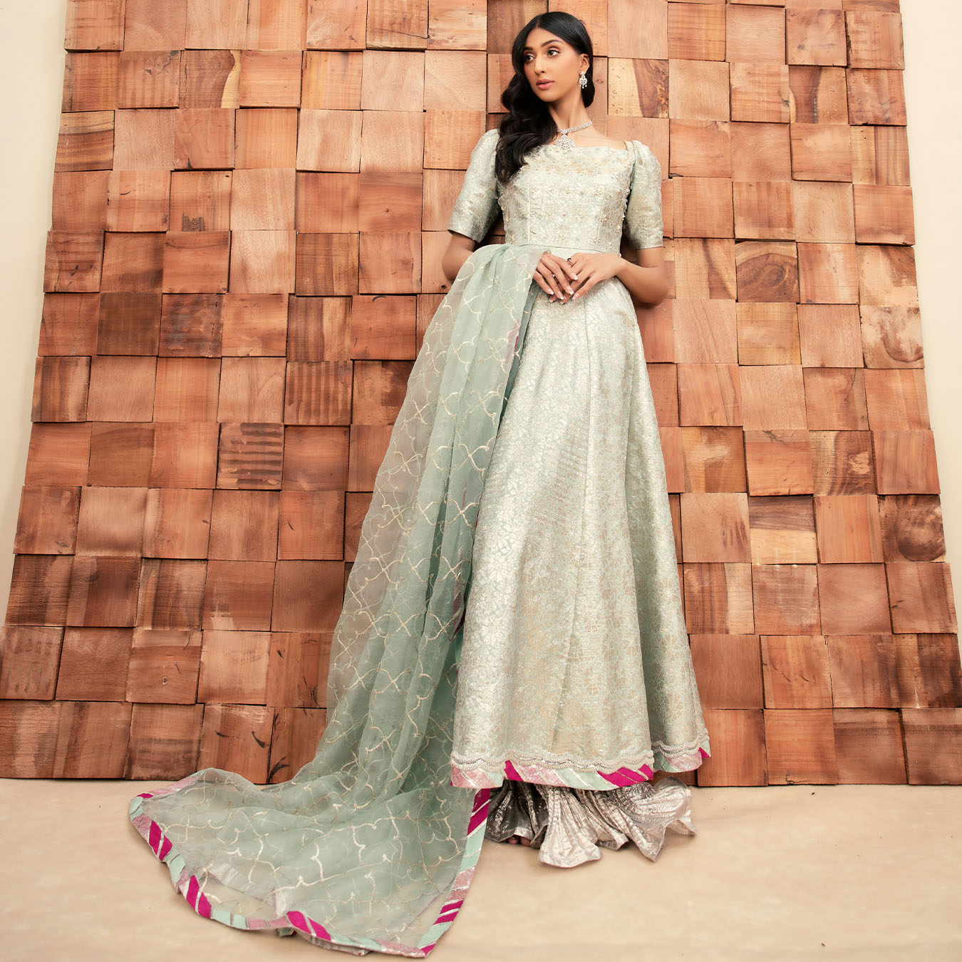 Pastel Mint Pearl & Diamante Baadla Pishwas (3-Piece) - Image 1