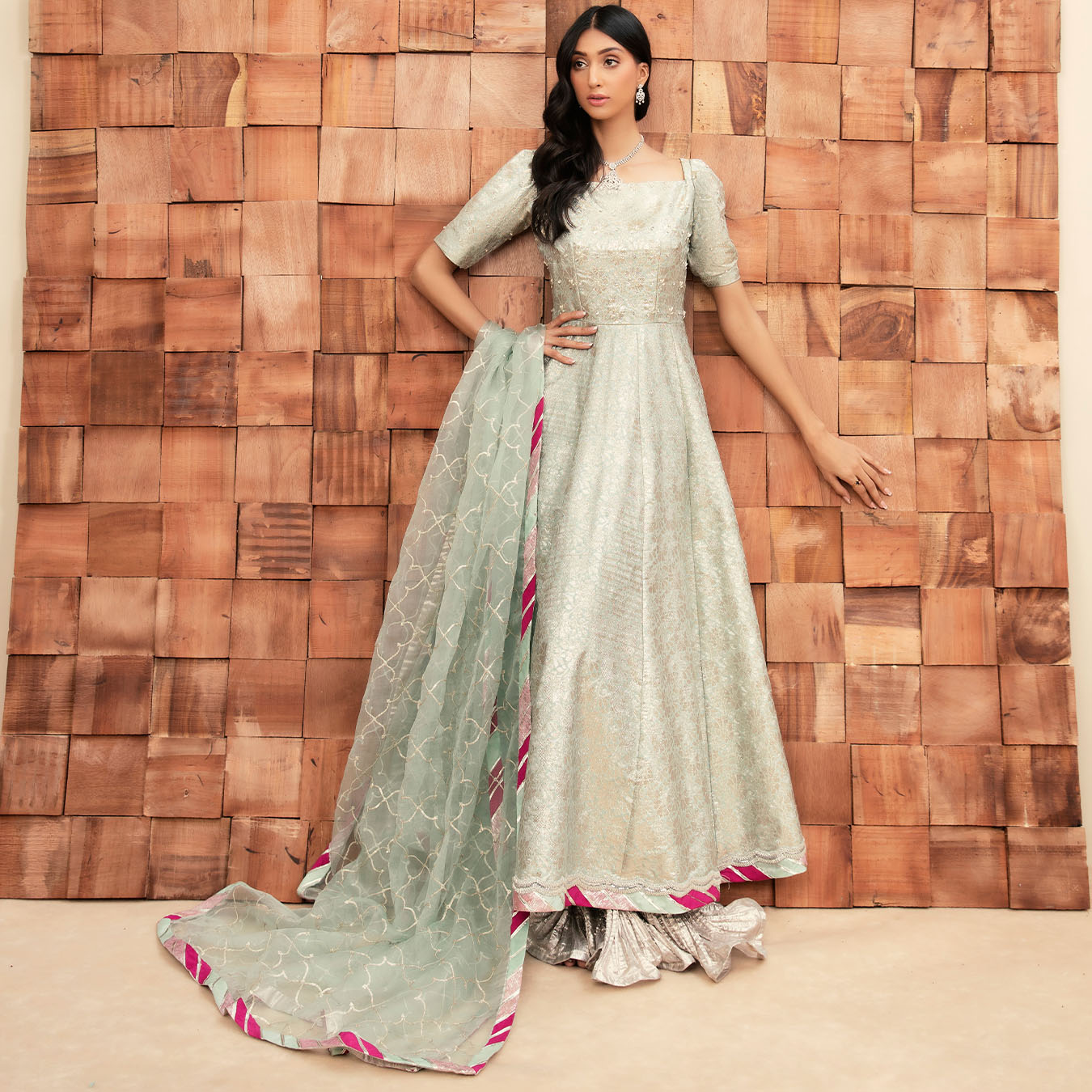 Pastel Mint Pearl & Diamante Baadla Pishwas (3-Piece) - Image 2