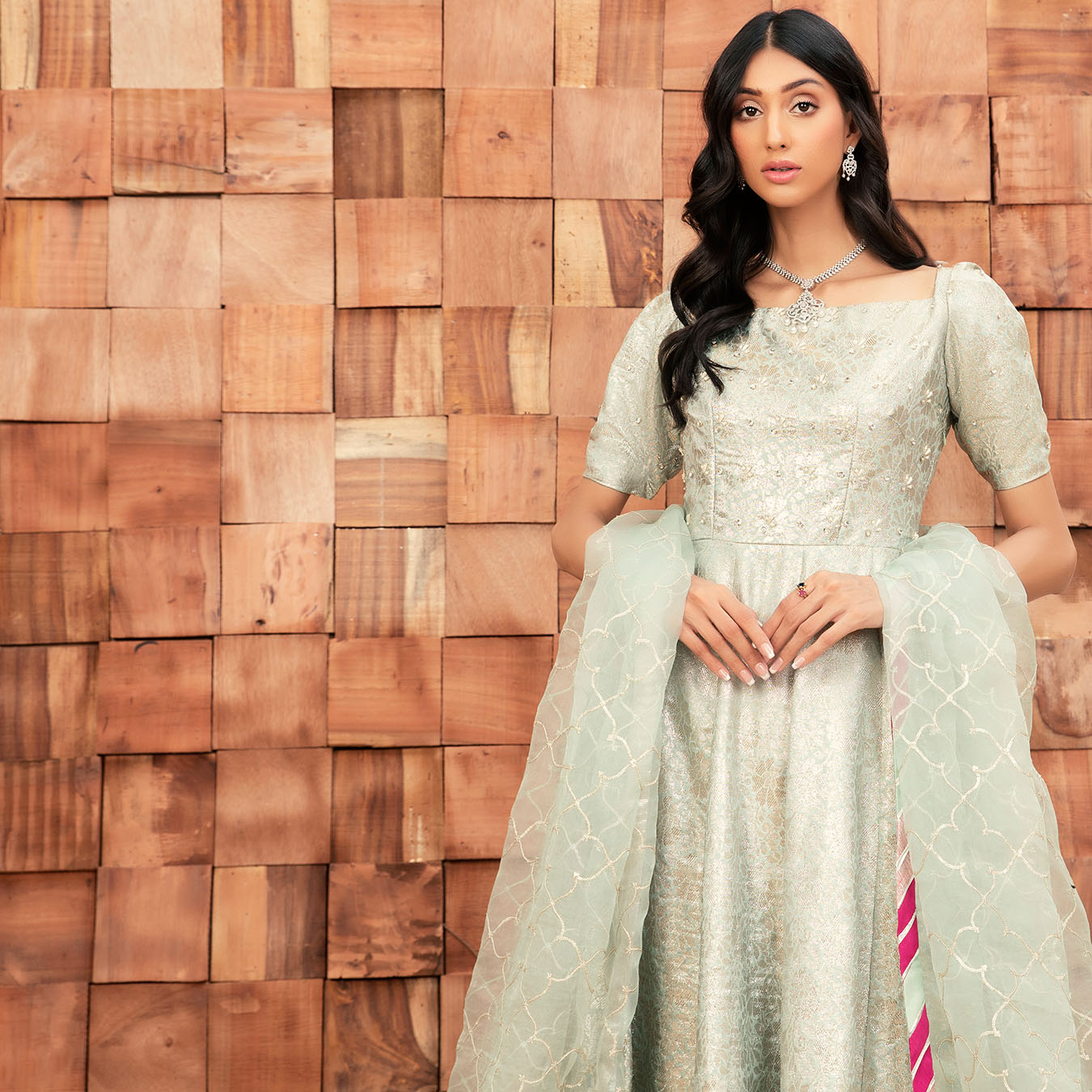 Pastel Mint Pearl & Diamante Baadla Pishwas (3-Piece) - Image 4