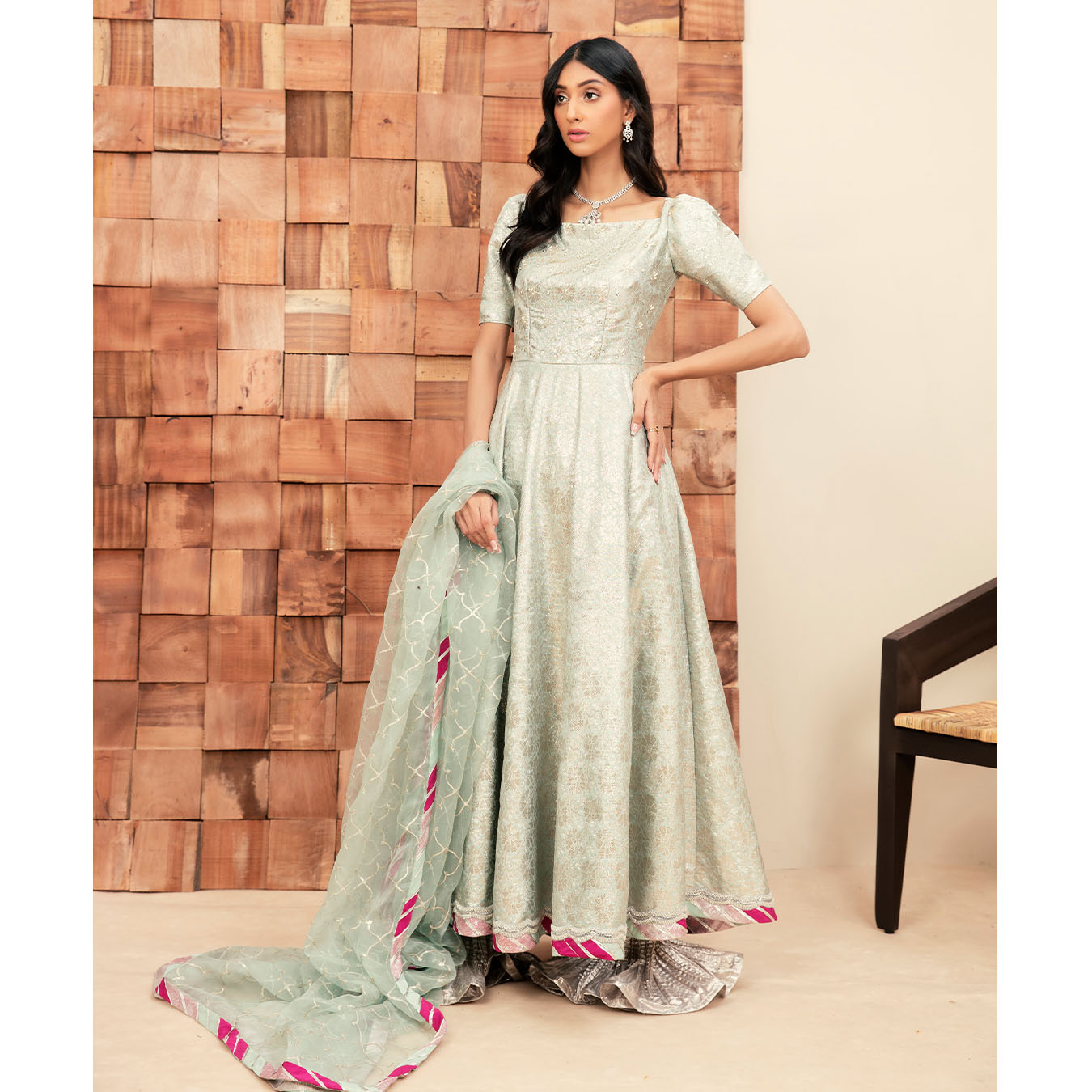 Pastel Mint Pearl & Diamante Baadla Pishwas (3-Piece) - Image 5