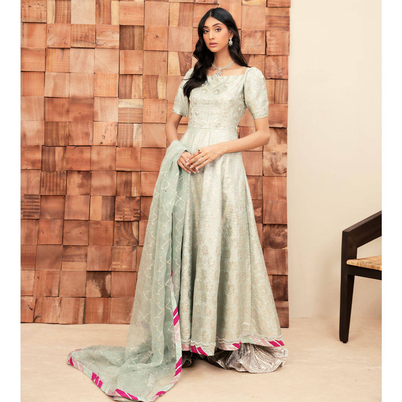 Pastel Mint Pearl & Diamante Baadla Pishwas (3-Piece) - Image 6