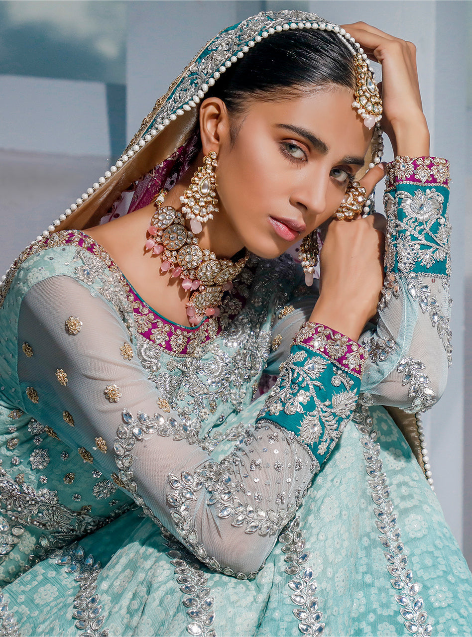 Mint Kundan Embellished Chunri Chiffon Pishwas (3-Piece) - Image 3