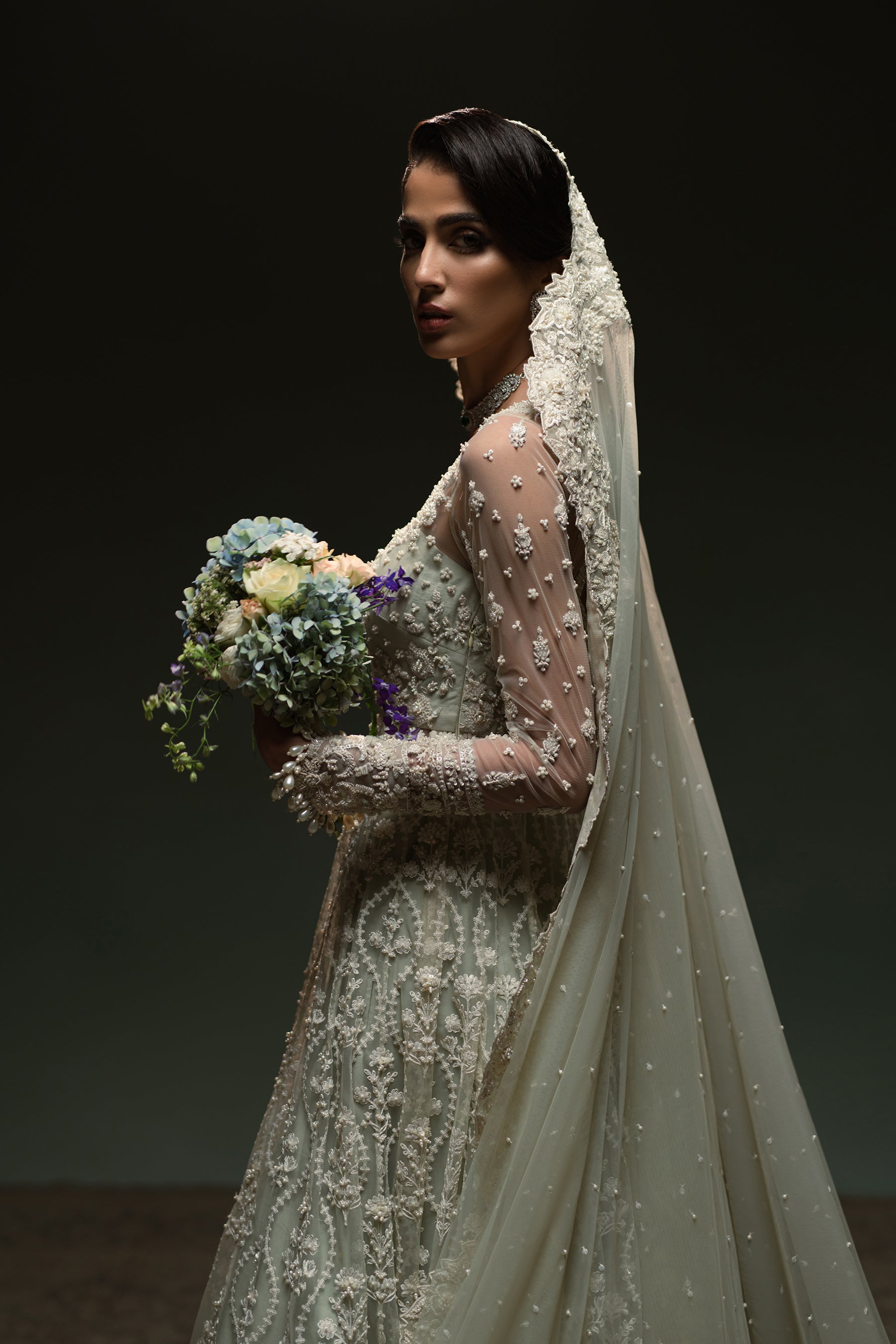 Soft Mint Embellished Net Pishwas Dress (3-Piece) - Image 4