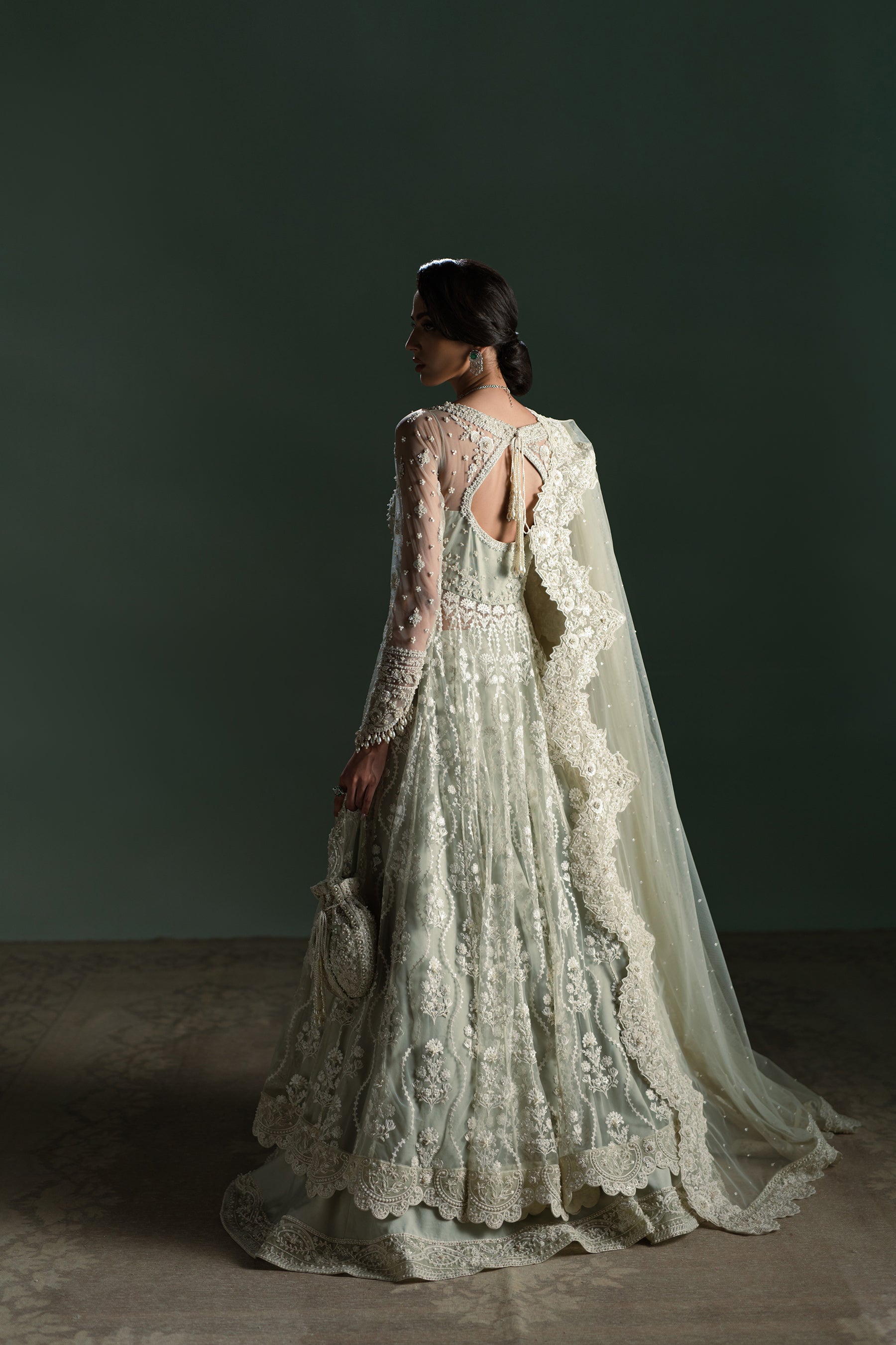 Soft Mint Embellished Net Pishwas Dress (3-Piece) - Image 5