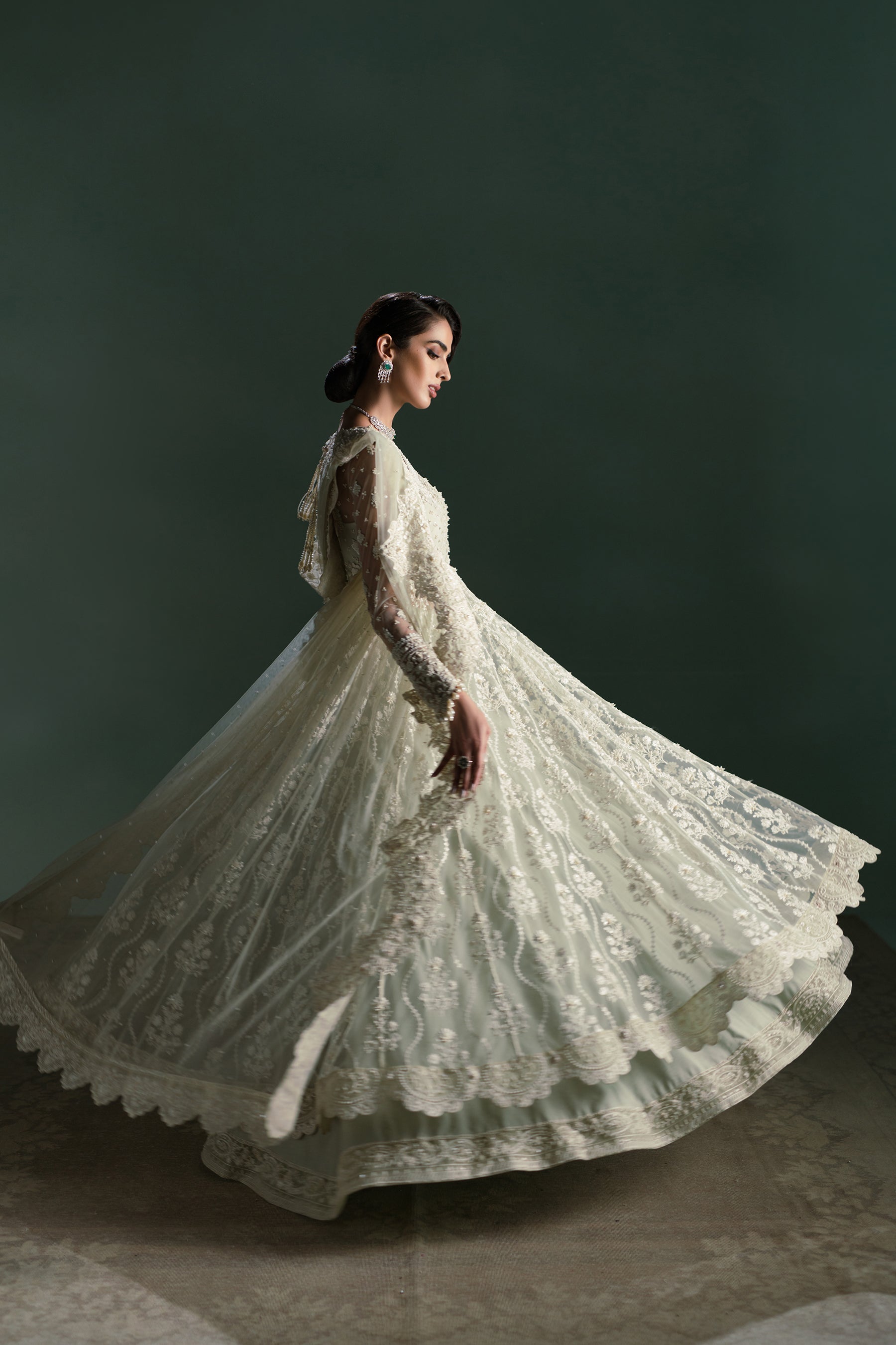 Soft Mint Hand-Embellished Net Silk Pishwas (3-Piece) - Image 2