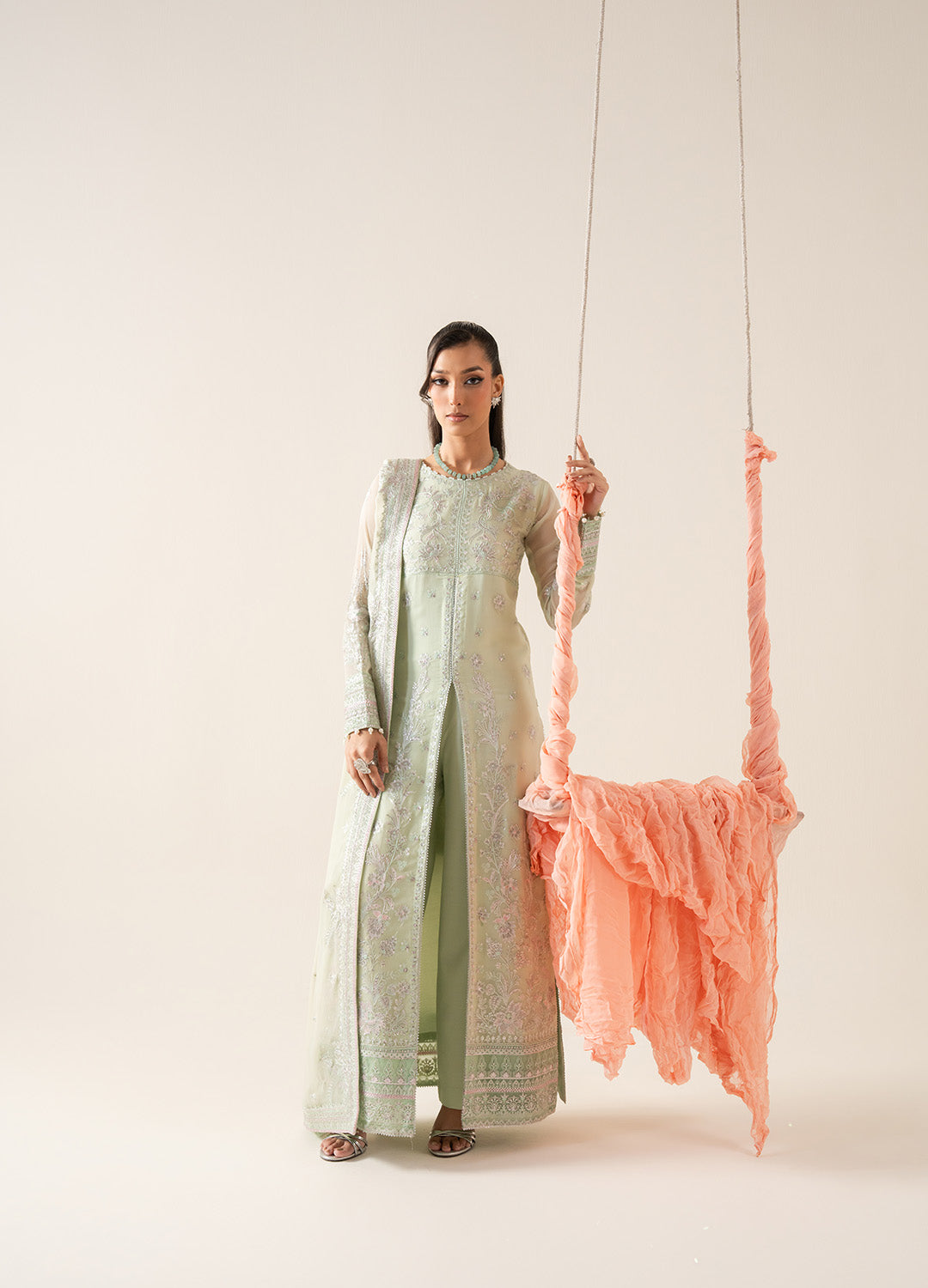 Pakistani Sage Mint Embroidered Chiffon & Organza Kameez (3-Piece) - Image 1