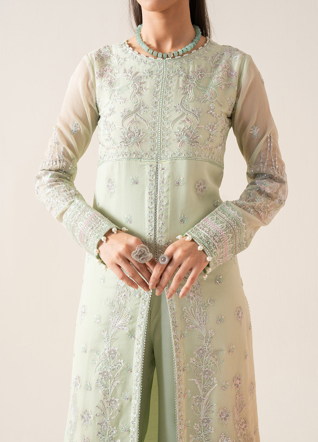 Pakistani Sage Mint Embroidered Chiffon & Organza Kameez (3-Piece) - Image 2