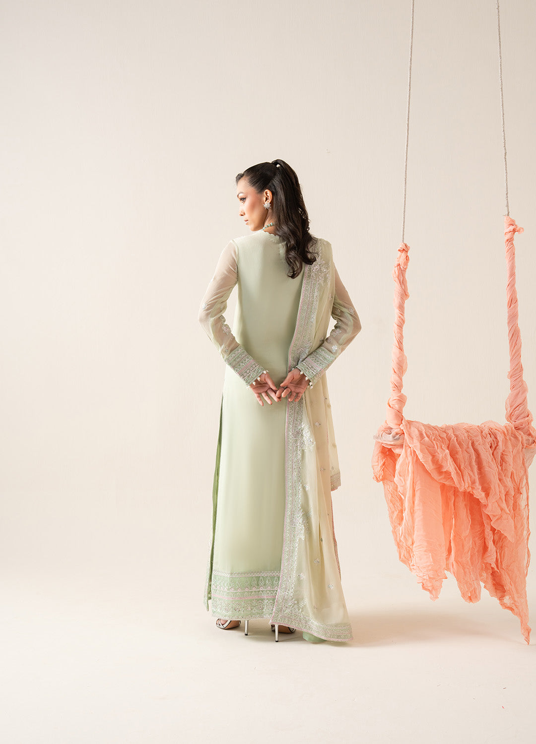 Pakistani Sage Mint Embroidered Chiffon & Organza Kameez (3-Piece) - Image 3