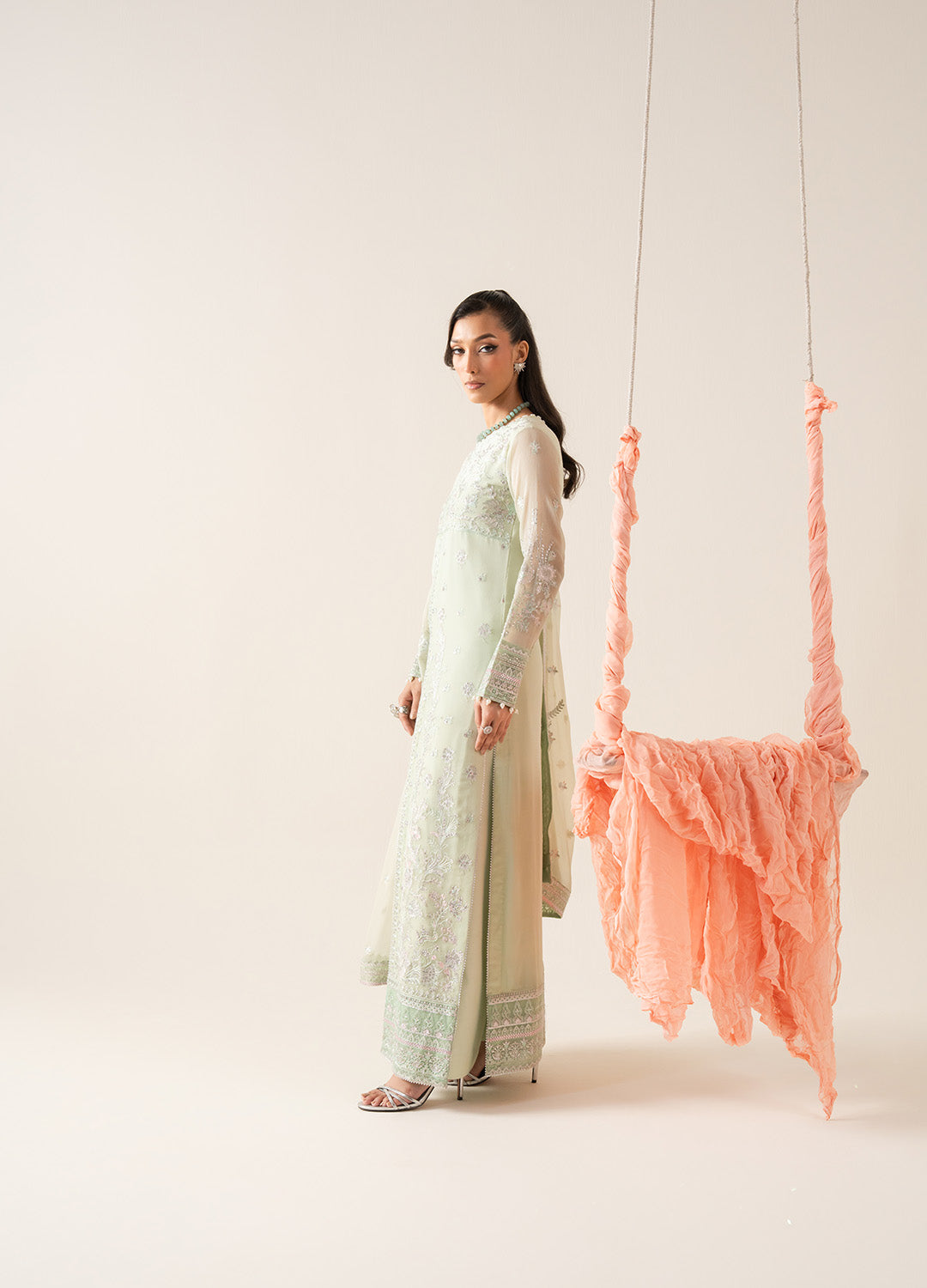 Pakistani Sage Mint Embroidered Chiffon & Organza Kameez (3-Piece) - Image 4