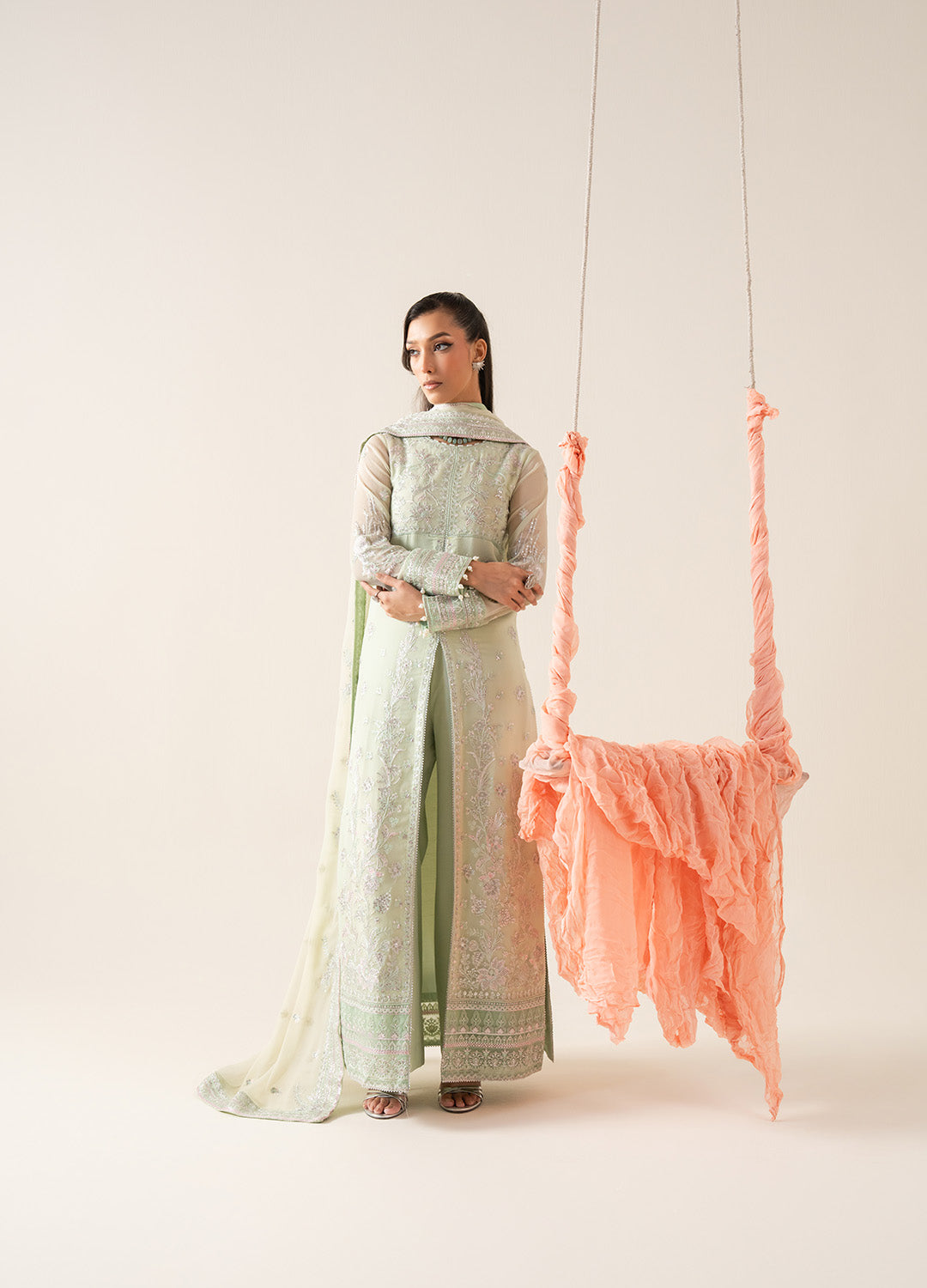 Pakistani Sage Mint Embroidered Chiffon & Organza Kameez (3-Piece) - Image 5