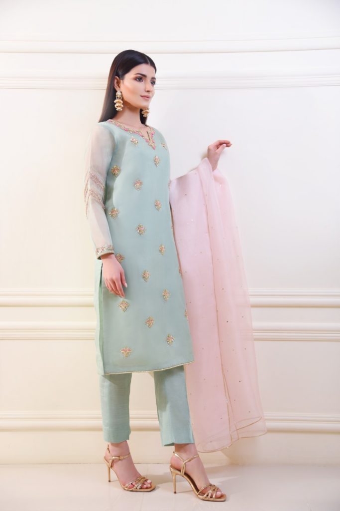 Pastel Mint Embroidered Organza Salwar Kameez (3-Piece) - Image 1
