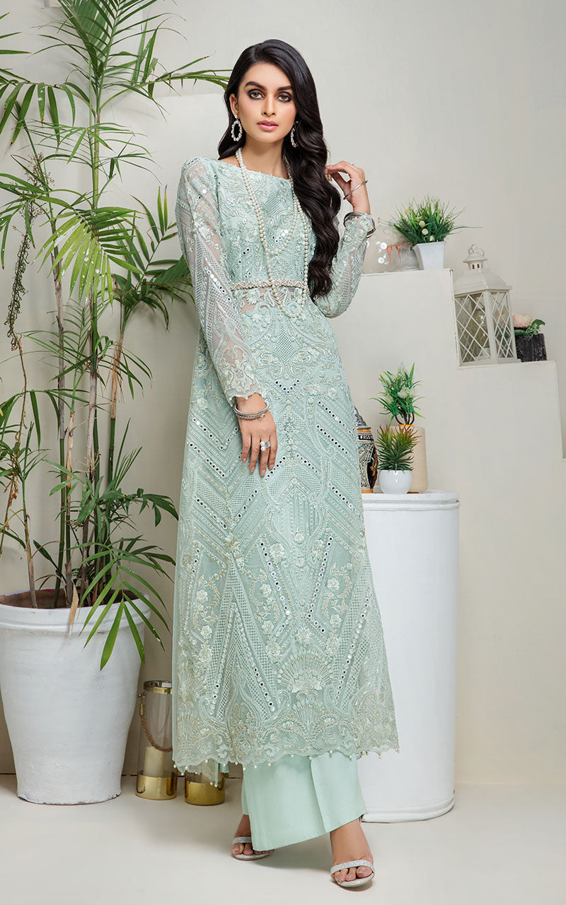 Pakistani Pastel Mint Mirror Work Organza Salwar Kameez (2-Piece) - Image 1
