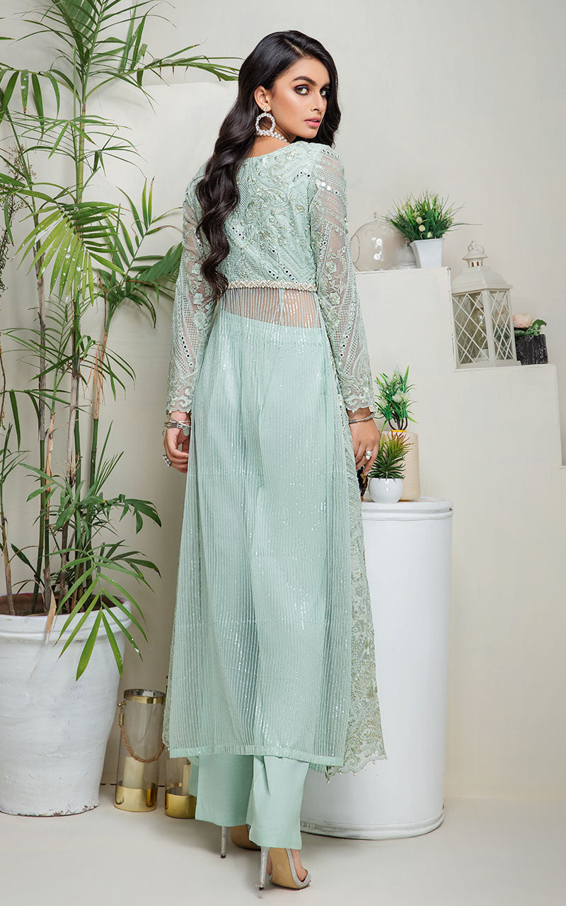 Pakistani Pastel Mint Mirror Work Organza Salwar Kameez (2-Piece) - Image 2