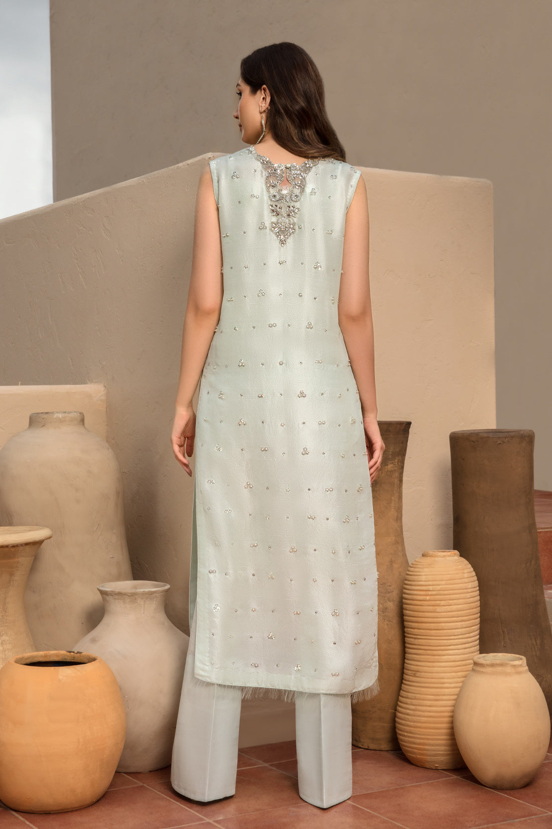 Pale Mint Embellished Raw Silk Salwar Kameez (3-Piece) - Image 2