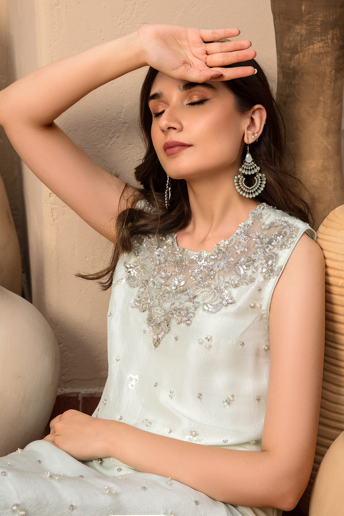 Pale Mint Embellished Raw Silk Salwar Kameez (3-Piece) - Image 3