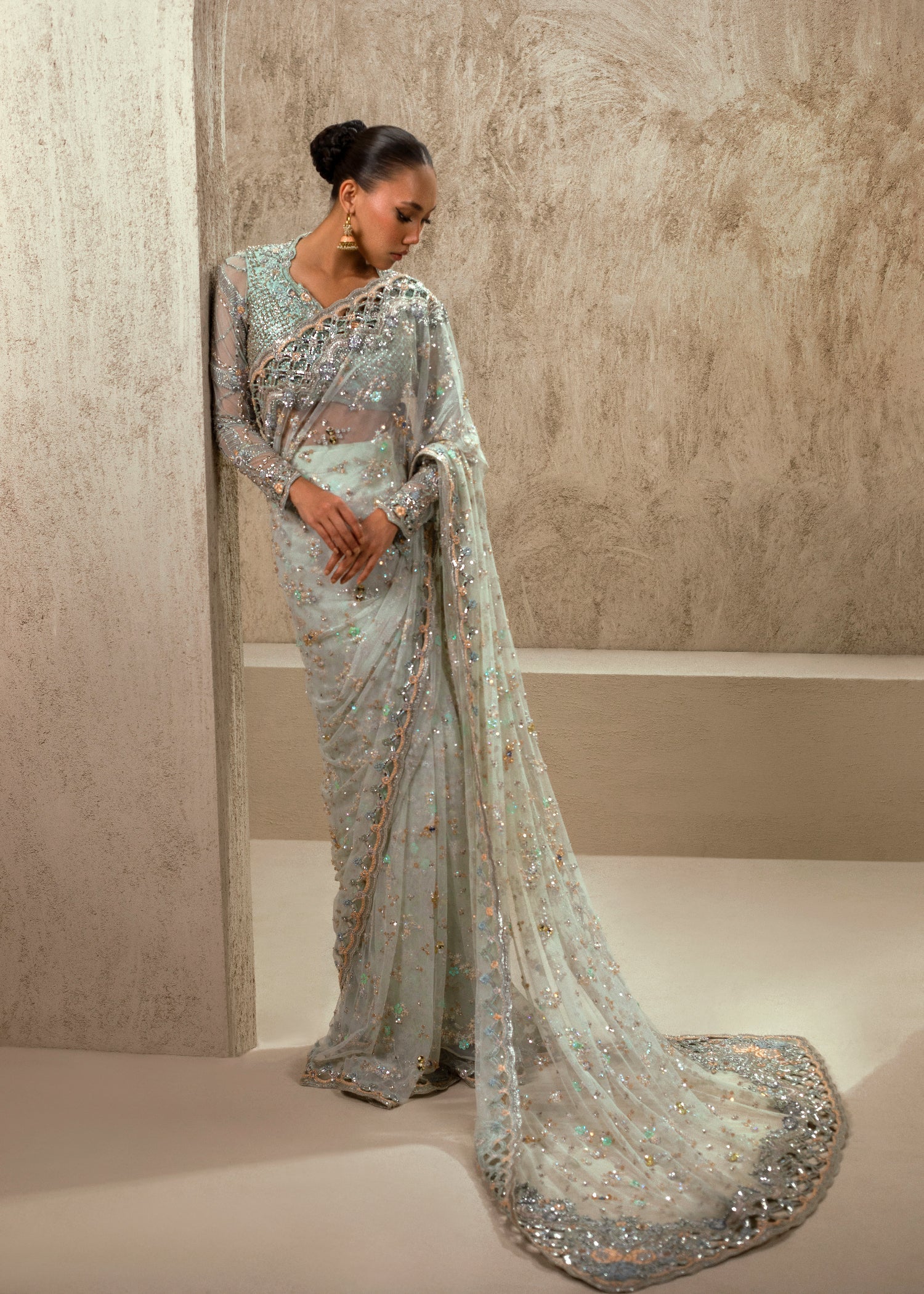 Pale Mint Hand Embellished Net Saree (2-Piece) - Image 1