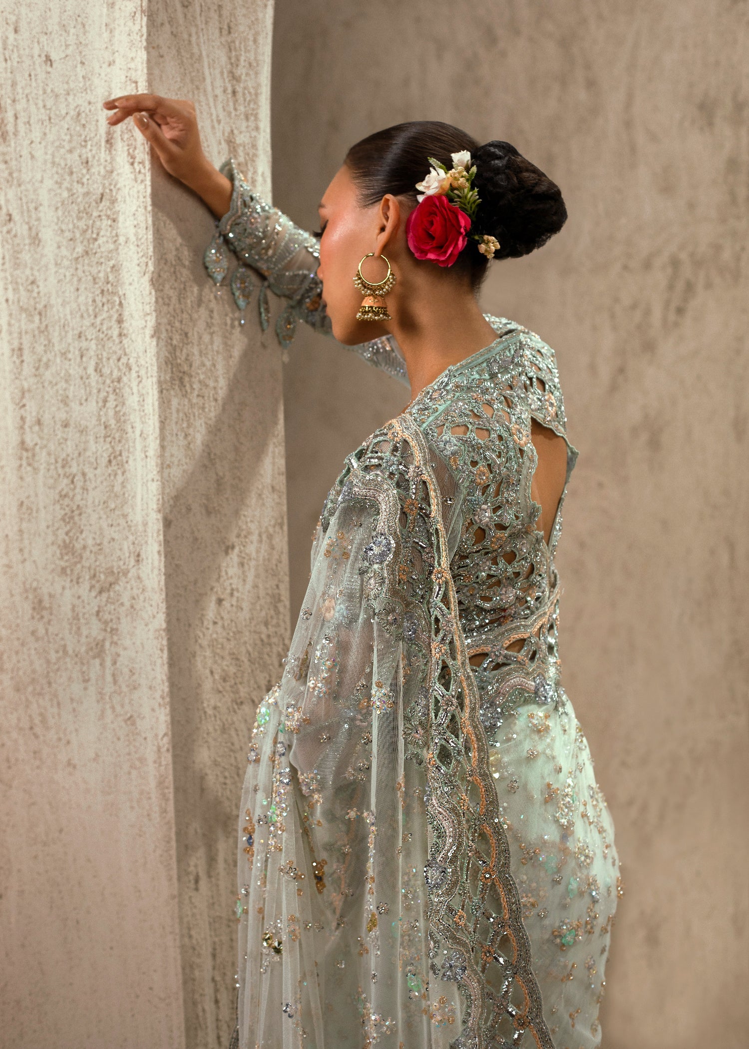 Pale Mint Hand Embellished Net Saree (2-Piece) - Image 2