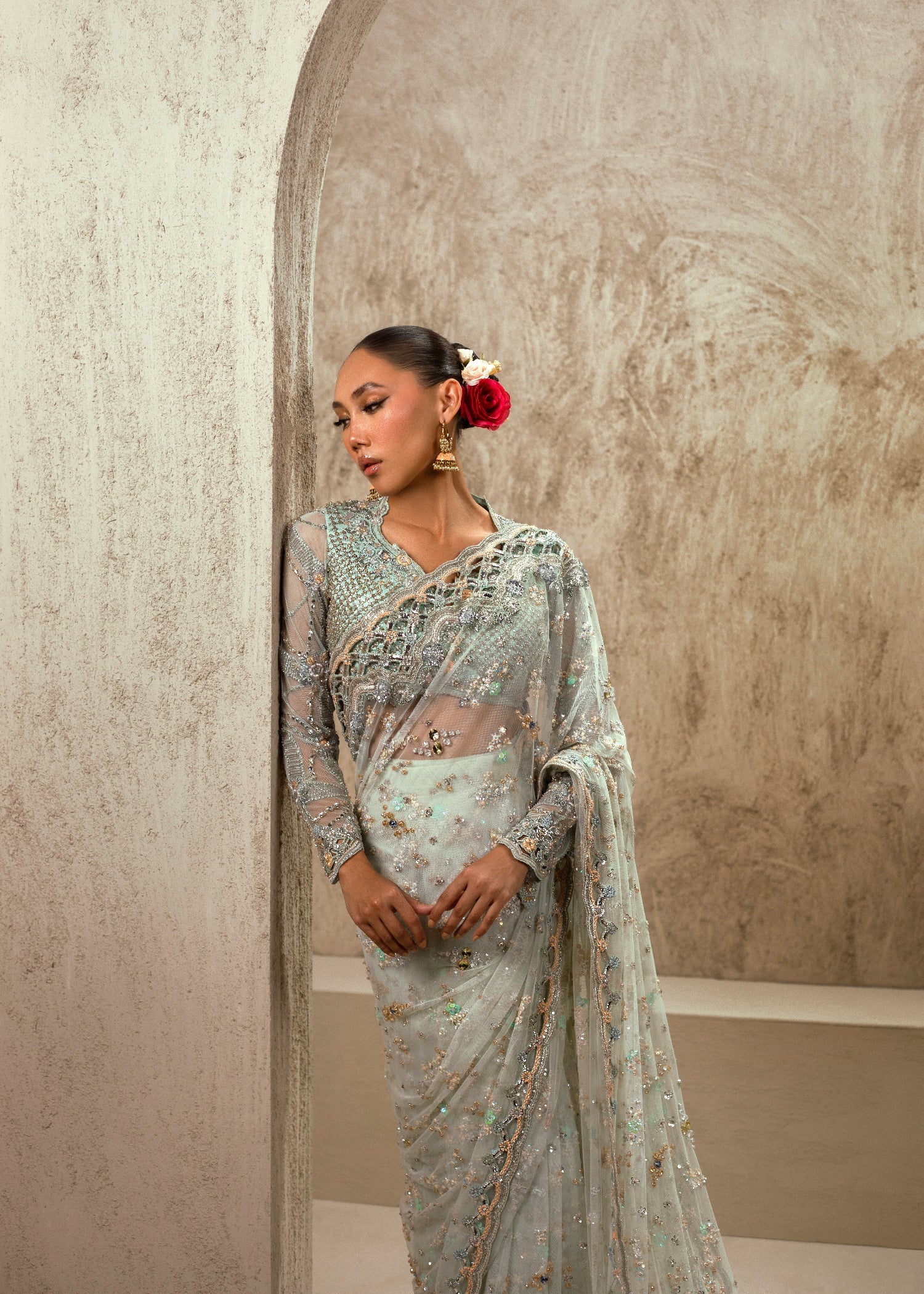 Pale Mint Hand Embellished Net Saree (2-Piece) - Image 4