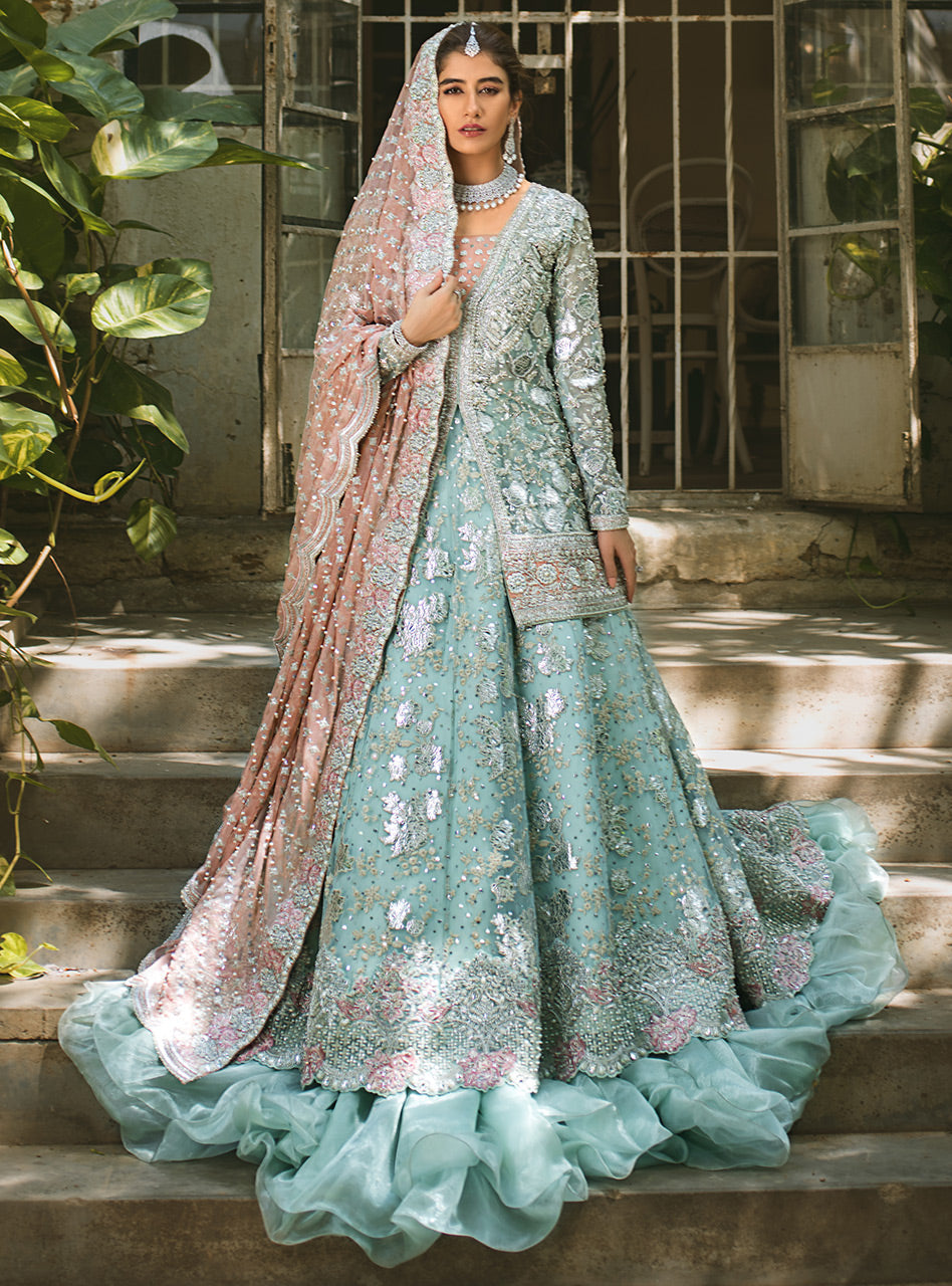 Pakistani Celestial Mint Embellished Net Sharara (3-Piece) - Image 3