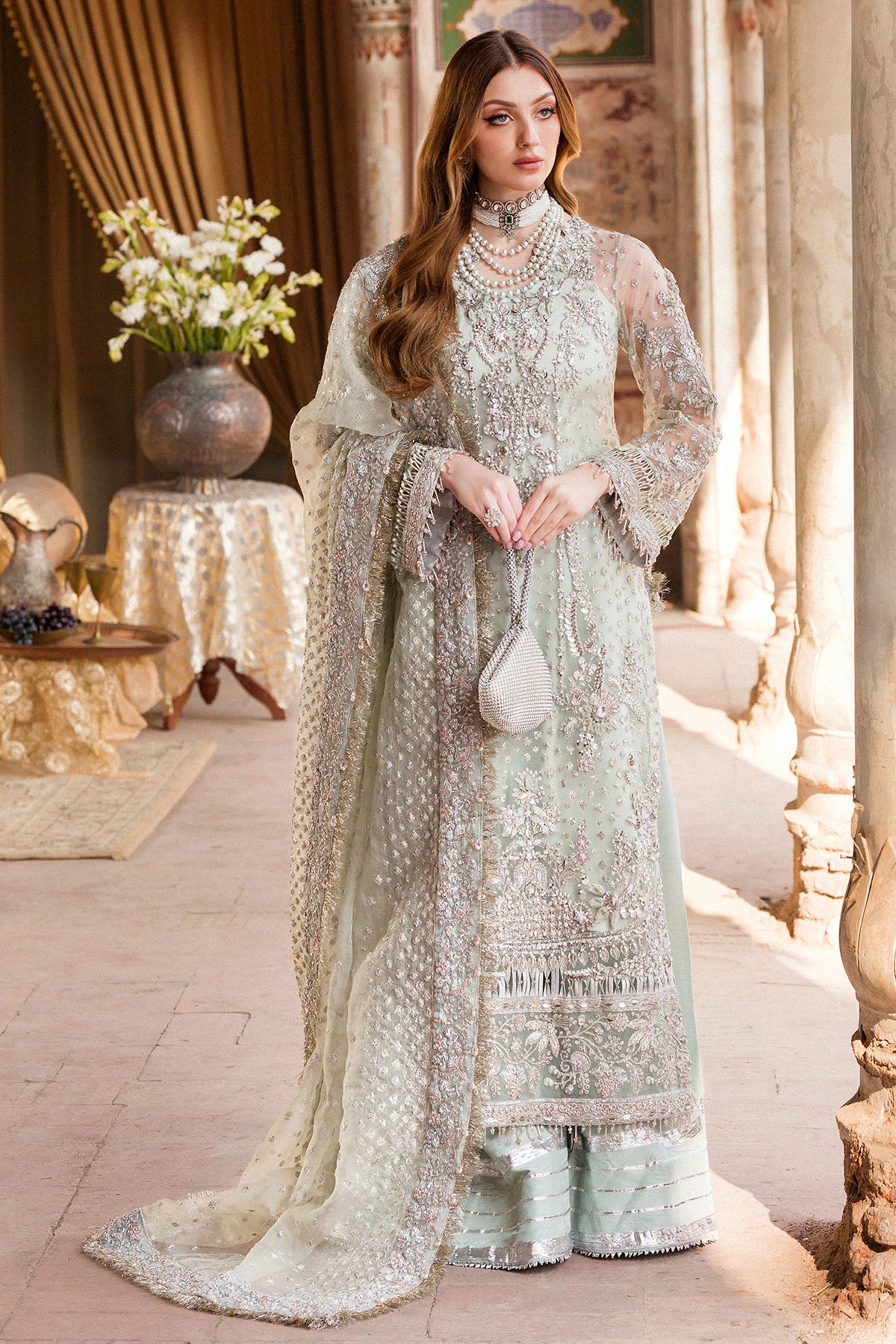 Pakistani Aqua Mint Embellished Silk Net Sharara (3-Piece) - Image 3