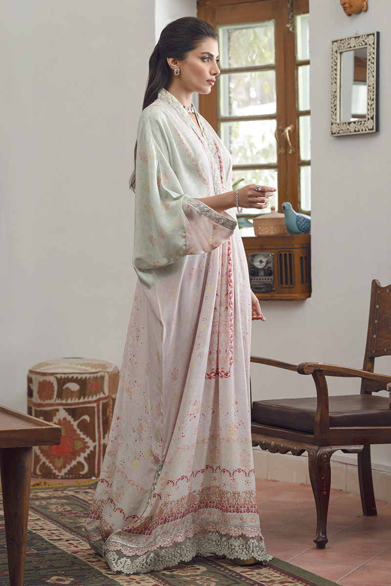 Pakistani Mint and Powder Pink Digital Printed Kaftan (1-Pc) - Image 1