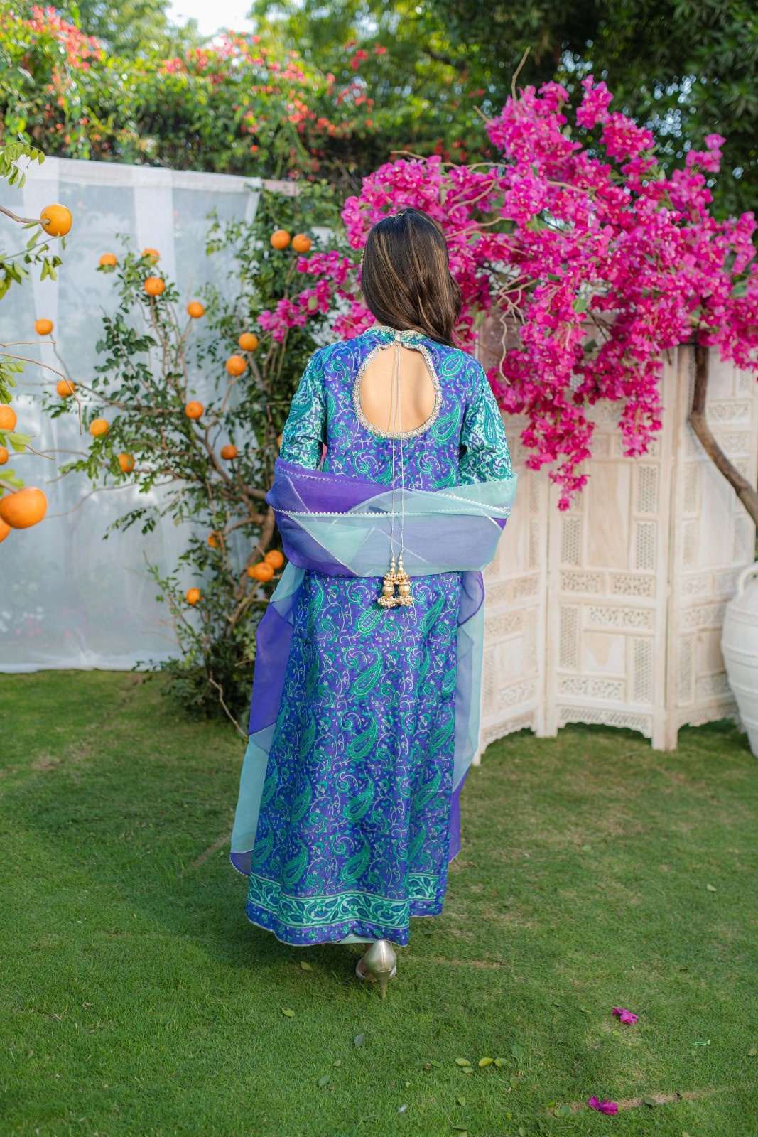 Mint & Purple Embroidered Organza-Silk Kaftan (3-Piece) - Image 5