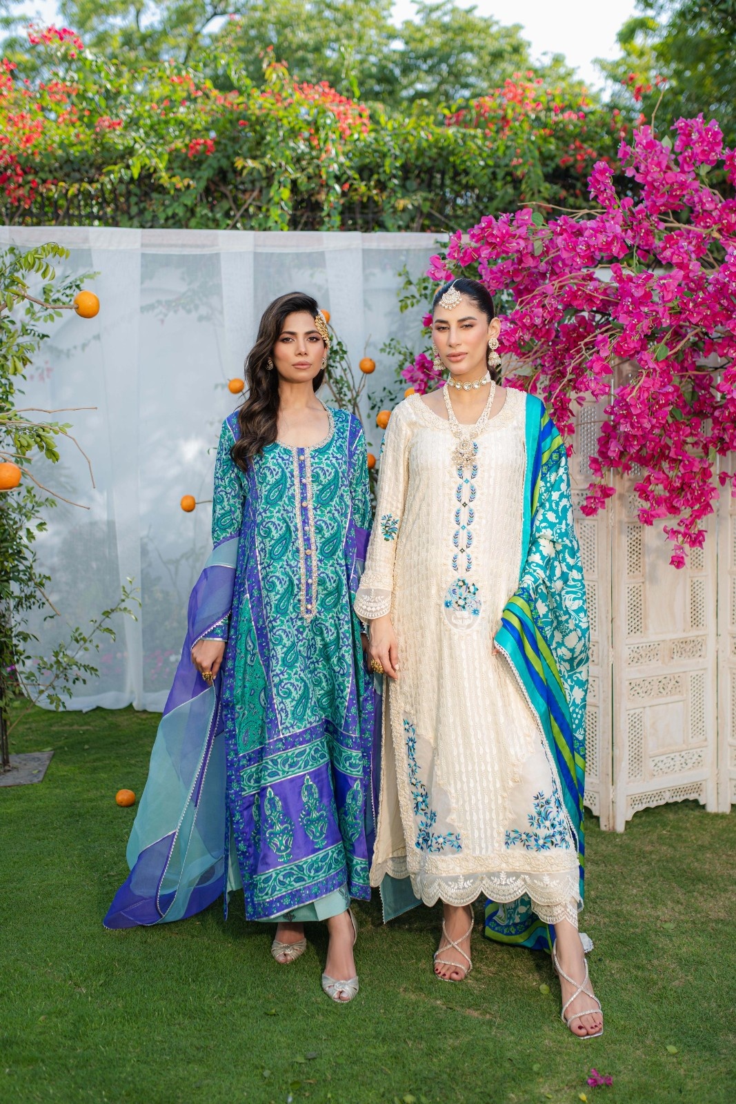 Mint & Purple Embroidered Organza-Silk Kaftan (3-Piece) - Image 7