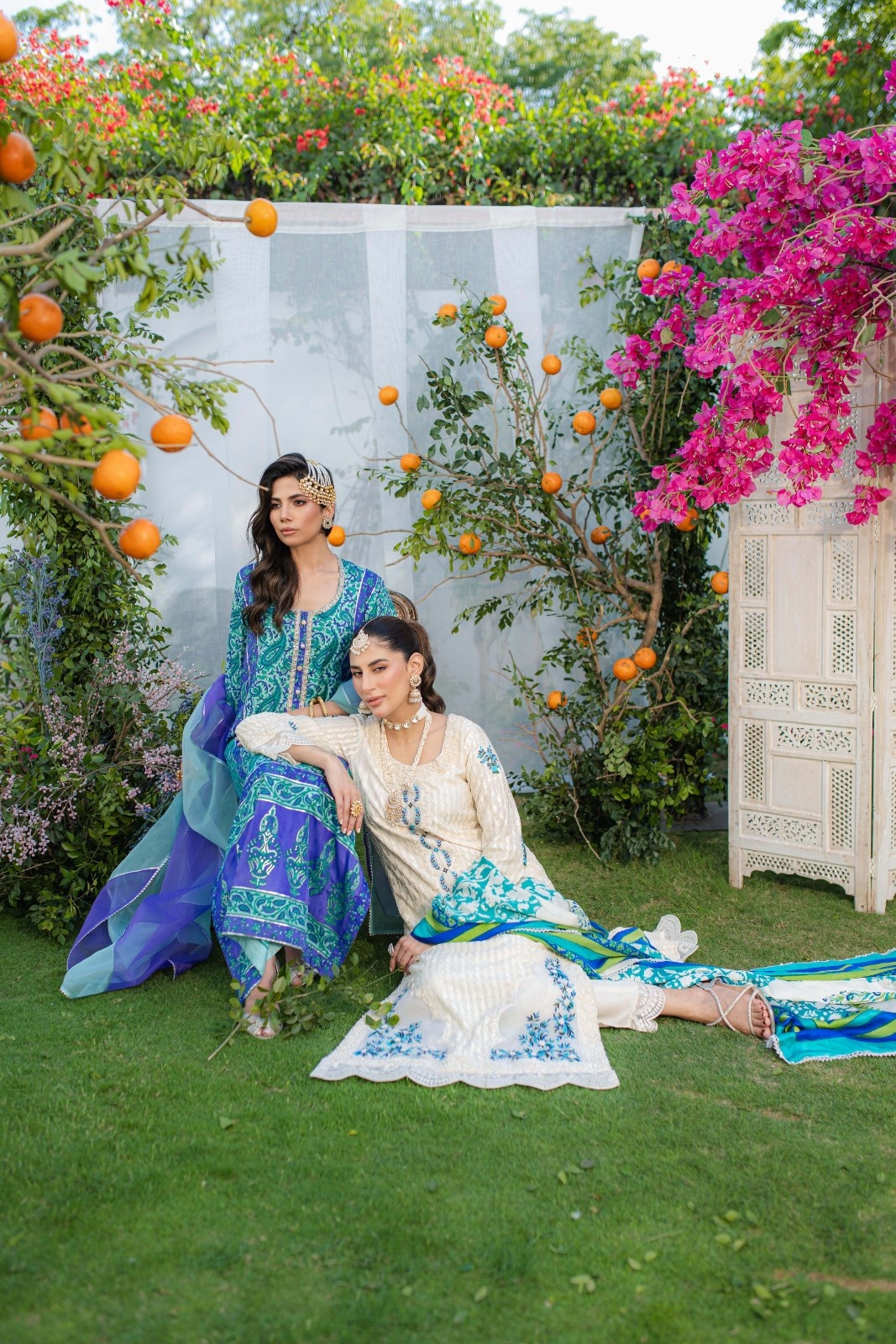 Mint & Purple Embroidered Organza-Silk Kaftan (3-Piece) - Image 8