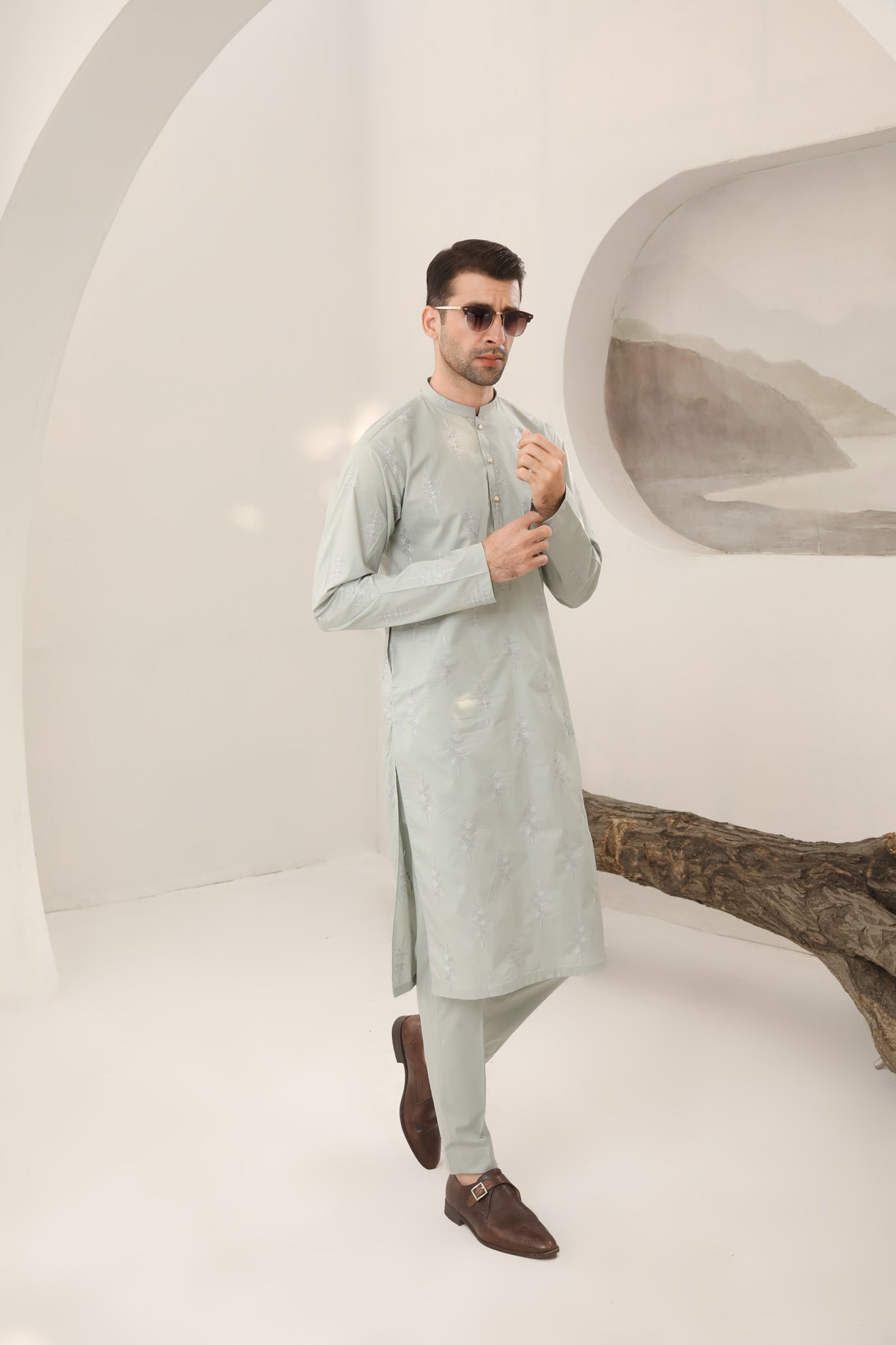 Light Mint Schiffli Embroidered Cotton Kurta Pajama (2-Piece) - Image 5